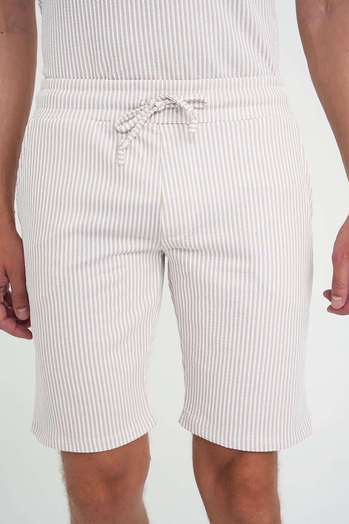 Comfort Fit Bağcıklı Bel Çizgili Pamuk Casual Bej Şort Bermuda 038 