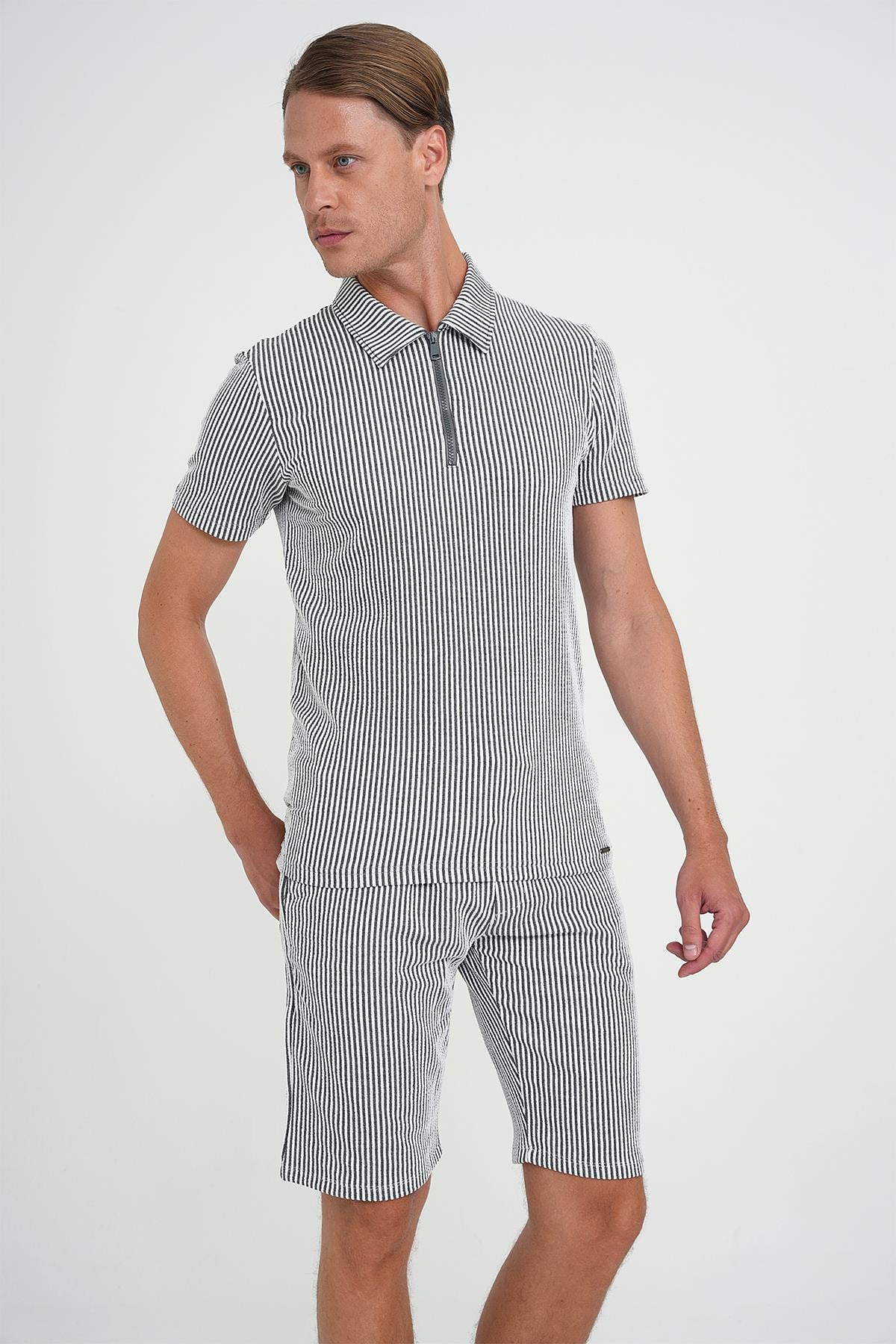 Comfort Fit Bağcıklı Bel Çizgili Pamuk Casual Siyah Şort Bermuda 038 