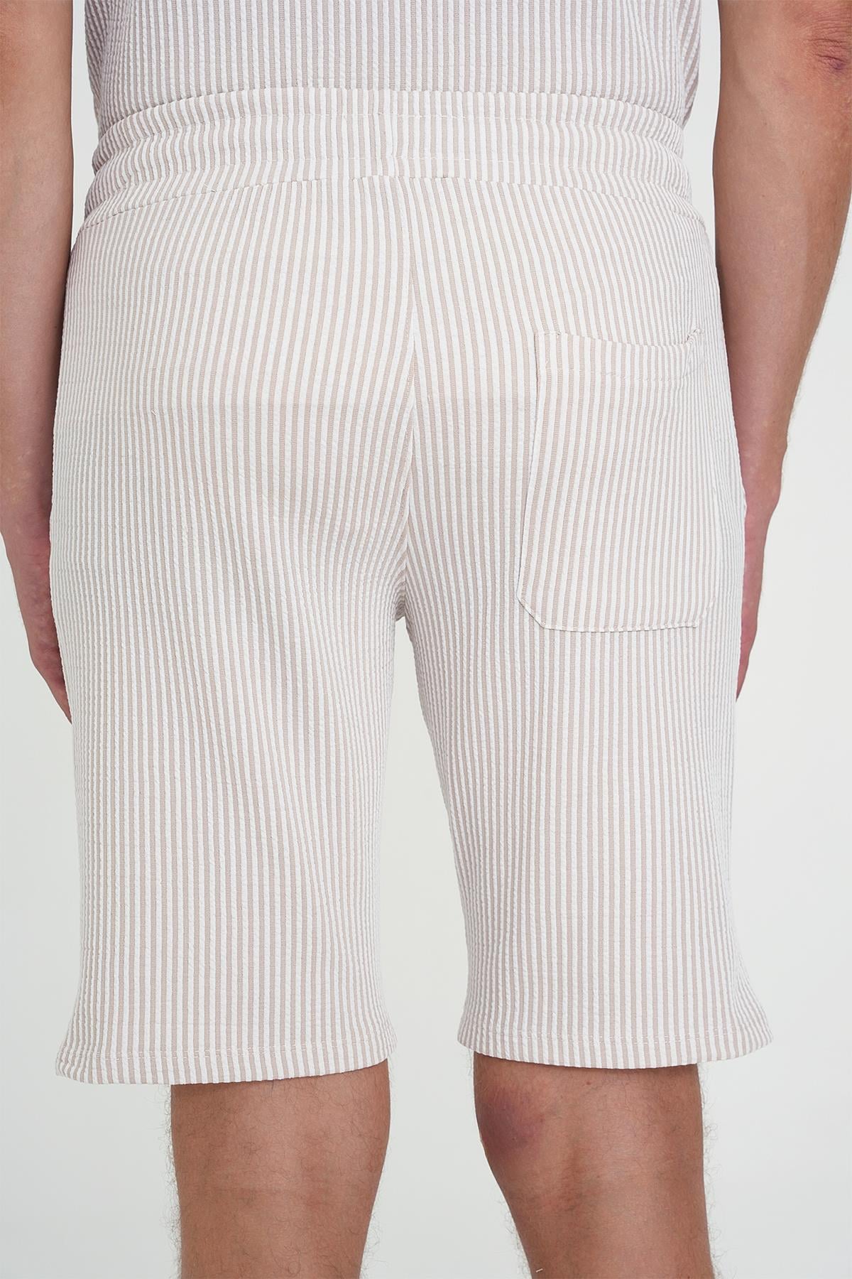 Comfort Fit Bağcıklı Bel Çizgili Pamuk Casual Bej Şort Bermuda 038 