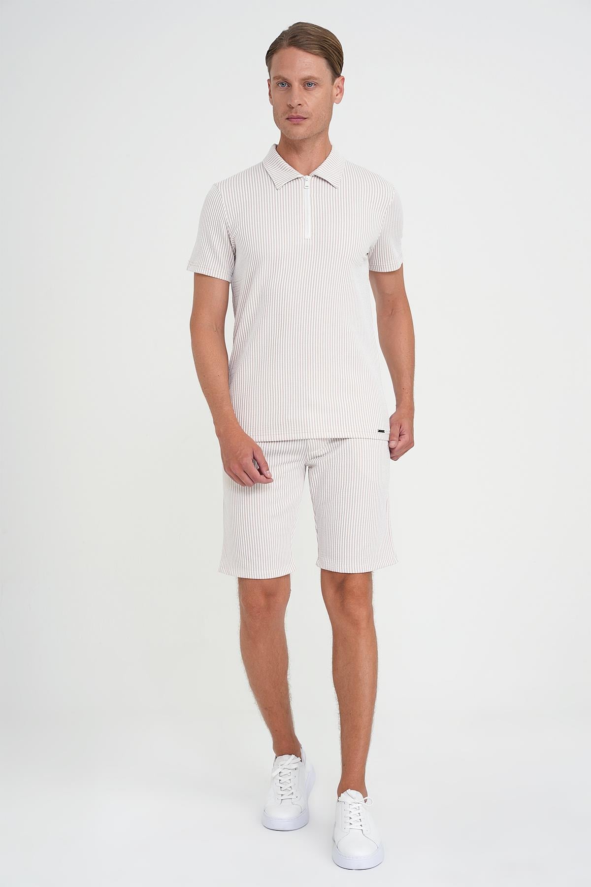 Comfort Fit Bağcıklı Bel Çizgili Pamuk Casual Bej Şort Bermuda 038 