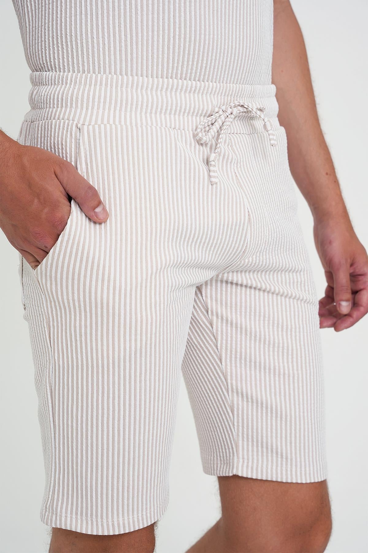 Comfort Fit Bağcıklı Bel Çizgili Pamuk Casual Bej Şort Bermuda 038 