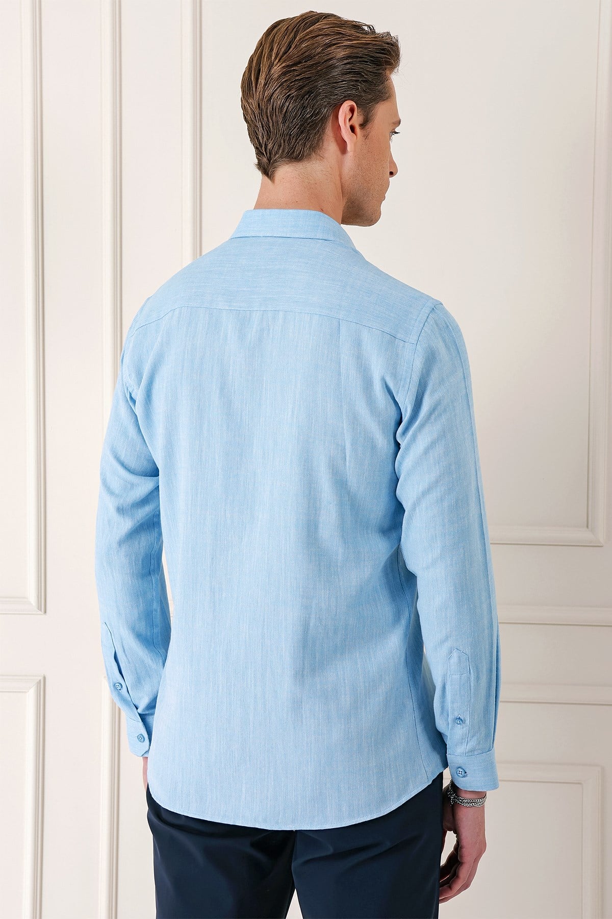 Comfort Fit Balıksırtı Dokuma %100 Pamuk Turkuaz Gömlek GK 722