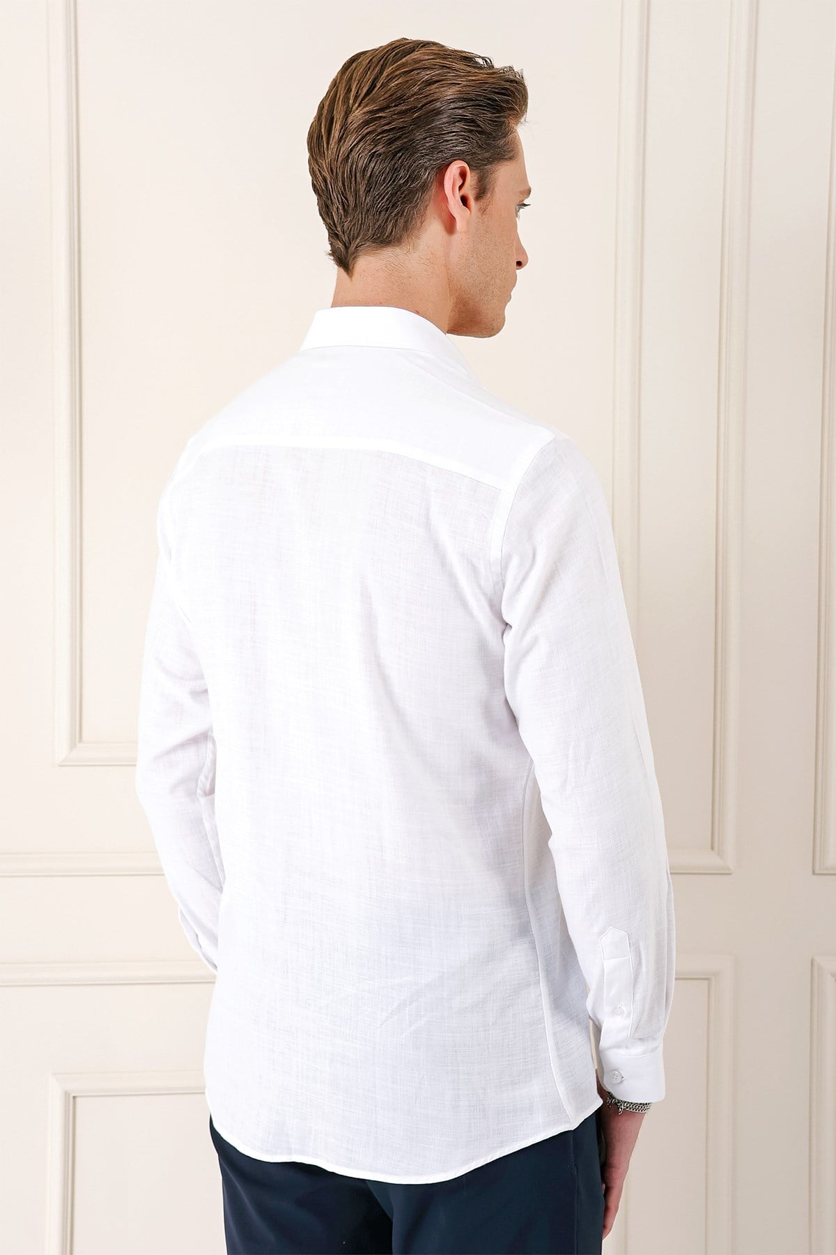 Comfort Fit Balıksırtı Dokuma %100 Pamuk Klasik Beyaz Gömlek Gk 722