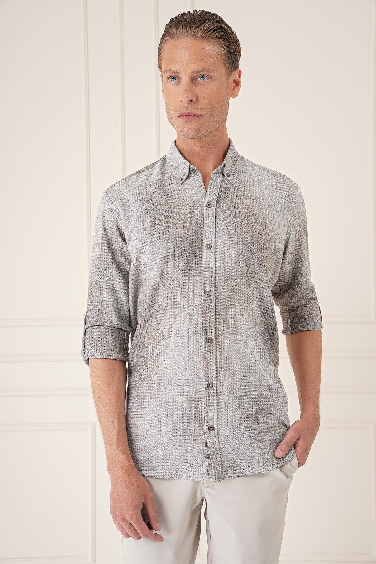 Comfort Fit Batik Desen %100 Keten Bej Gömlek G 1571