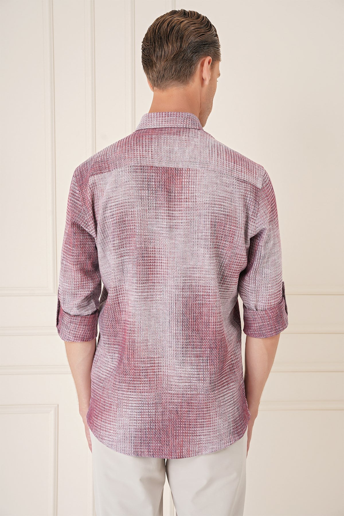 Comfort Fit Batik Desen %100 Keten Bordo Gömlek G 1571