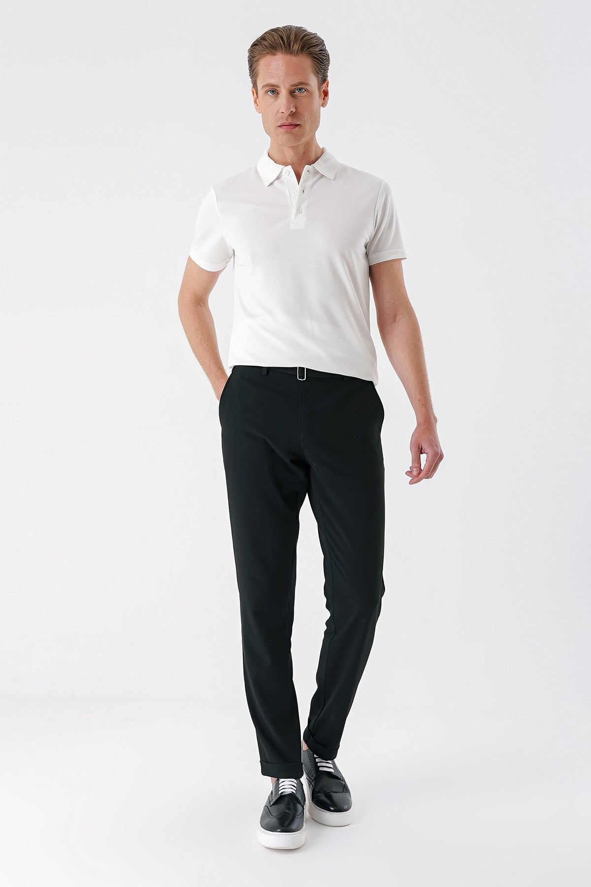 Comfort Fit Belden Kumaş Kemerli Pamuk Siyah Jogger Pantolon P 1154