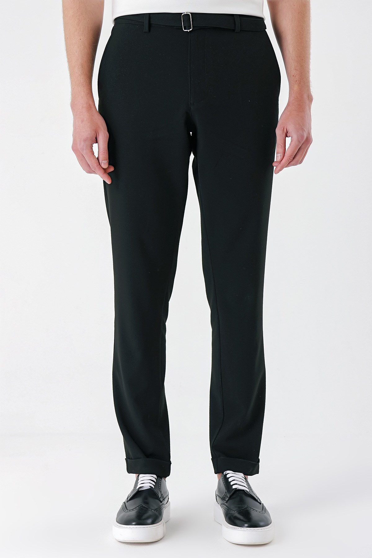 Comfort Fit Belden Kumaş Kemerli Pamuk Siyah Jogger Pantolon P 1154