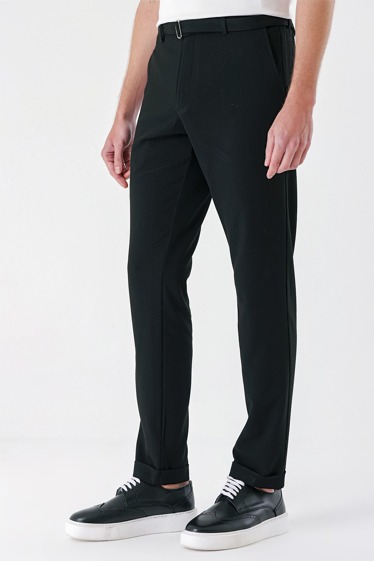Comfort Fit Belden Kumaş Kemerli Pamuk Siyah Jogger Pantolon P 1154
