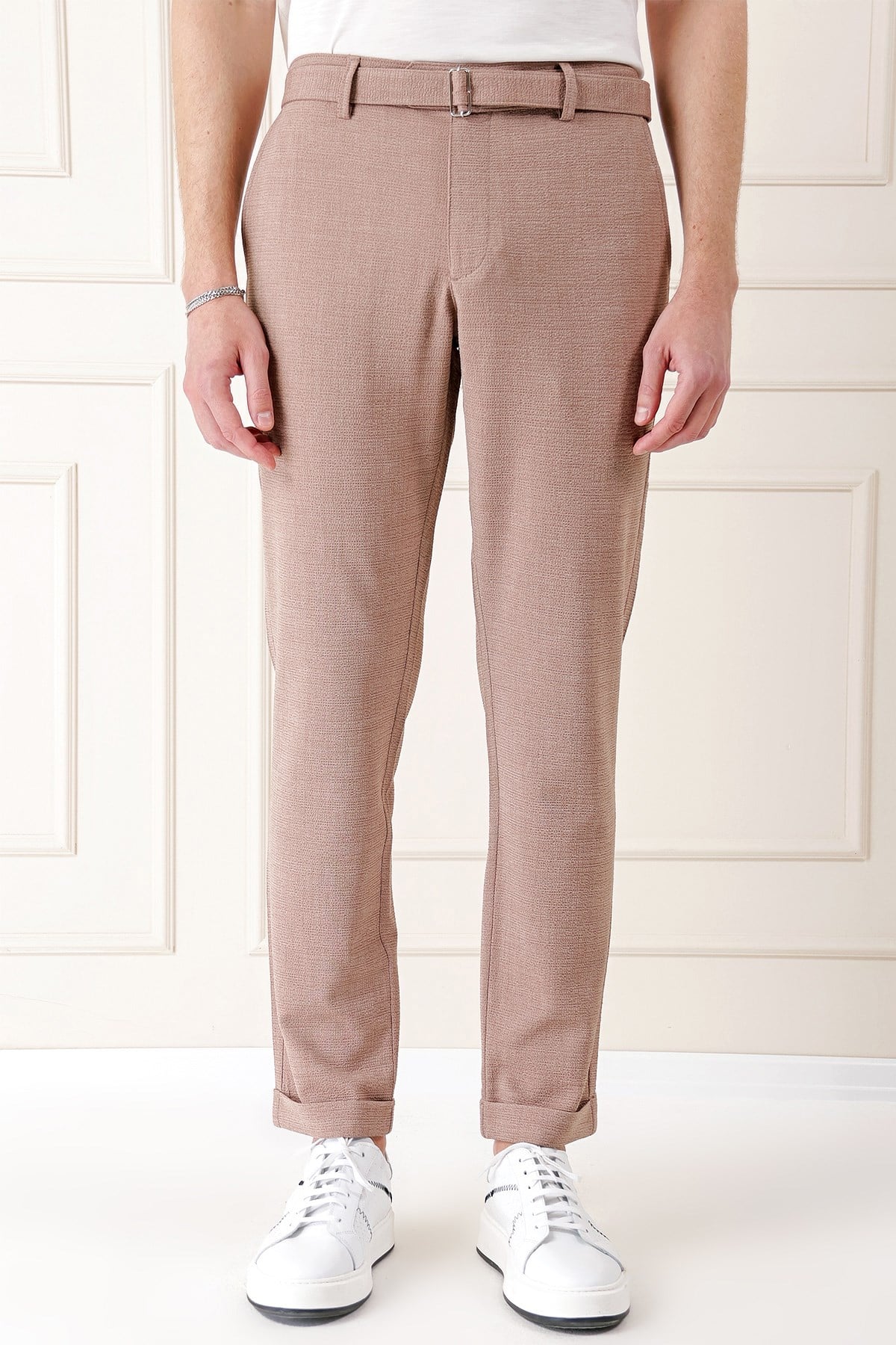 Comfort Fit Belden Kumaş Kemerli Pamuk Bej Jogger Pantolon P 1154