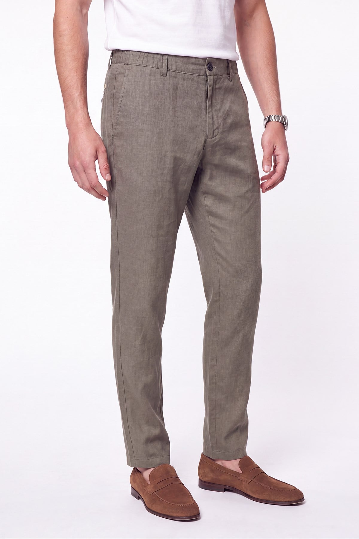 Comfort Fit Beli Lastikli %100 Keten Haki Pantolon P 1215