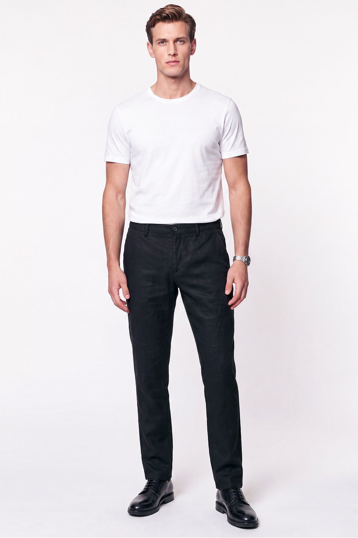 Comfort Fit Beli Lastikli %100 Keten Siyah Pantolon P 1215