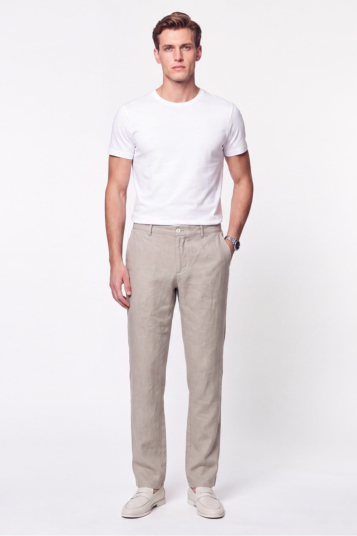 Comfort Fit Beli Lastikli %100 Keten Taş Pantolon P 1215