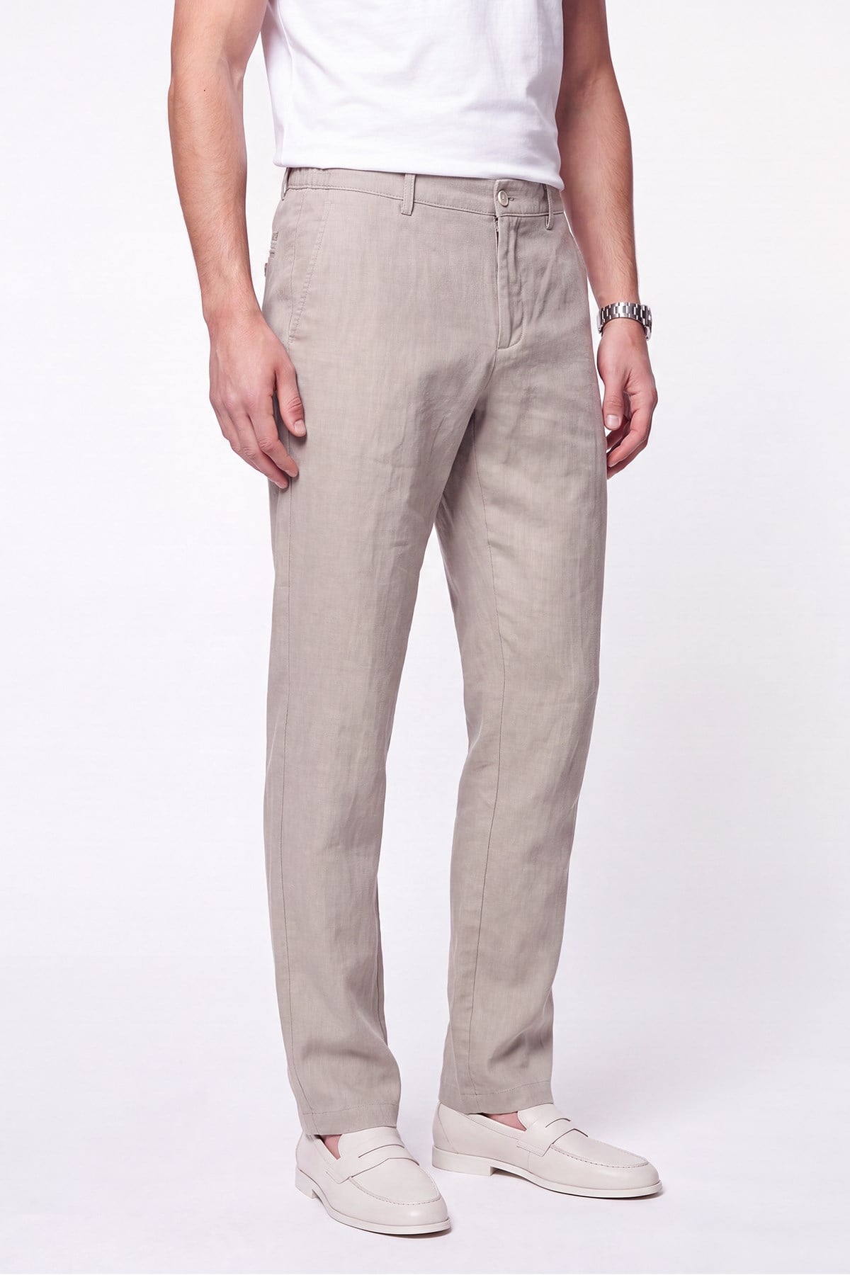 Comfort Fit Beli Lastikli %100 Keten Taş Pantolon P 1215