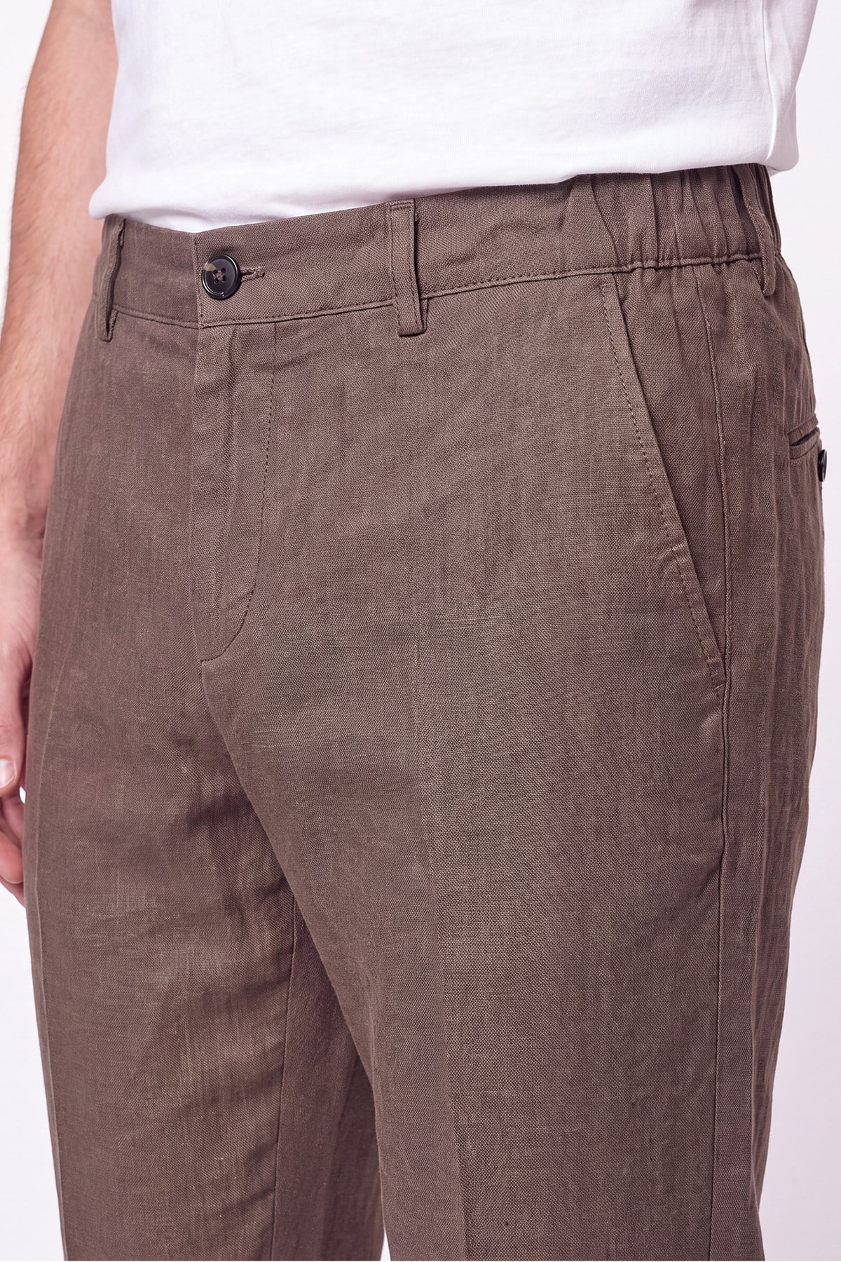 Comfort Fit Beli Lastikli %100 Keten Vizon Pantolon P 1215