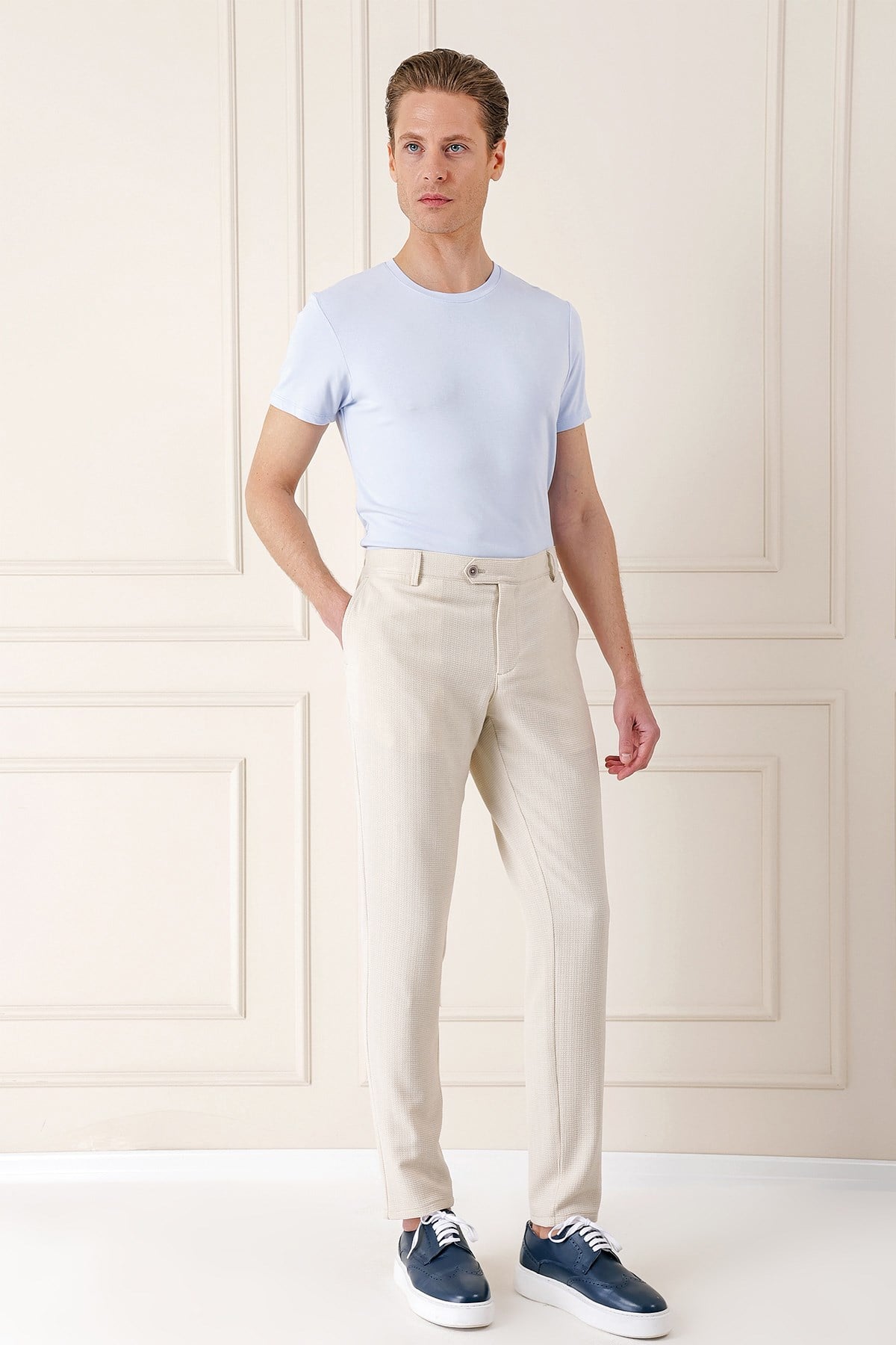 Comfort Fit Beli Lastikli Balıksırtı Dokuma Pamuklu Bej Pantolon P 1155