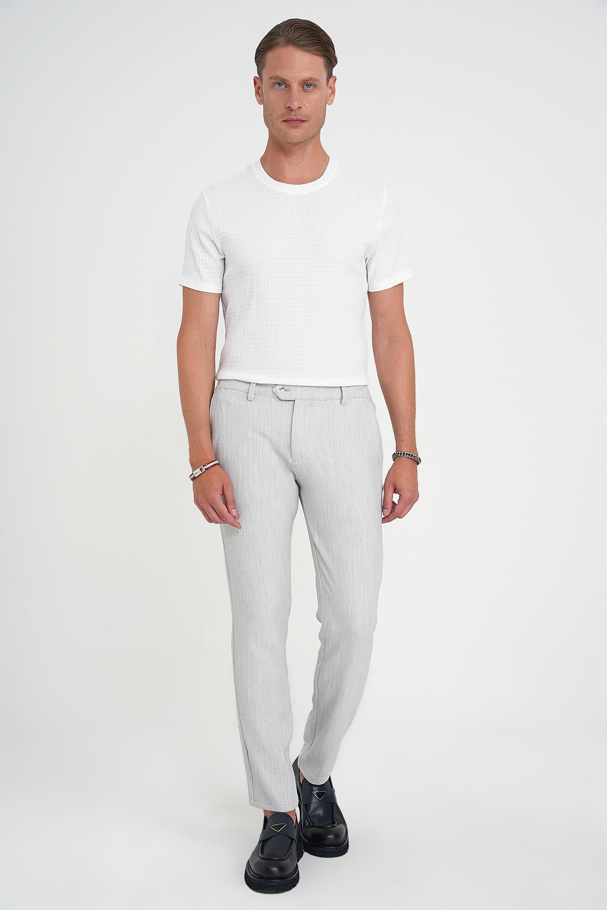 Comfort Fit Beli Lastikli Balıksırtı Desen Açık Gri Pantolon P 1175