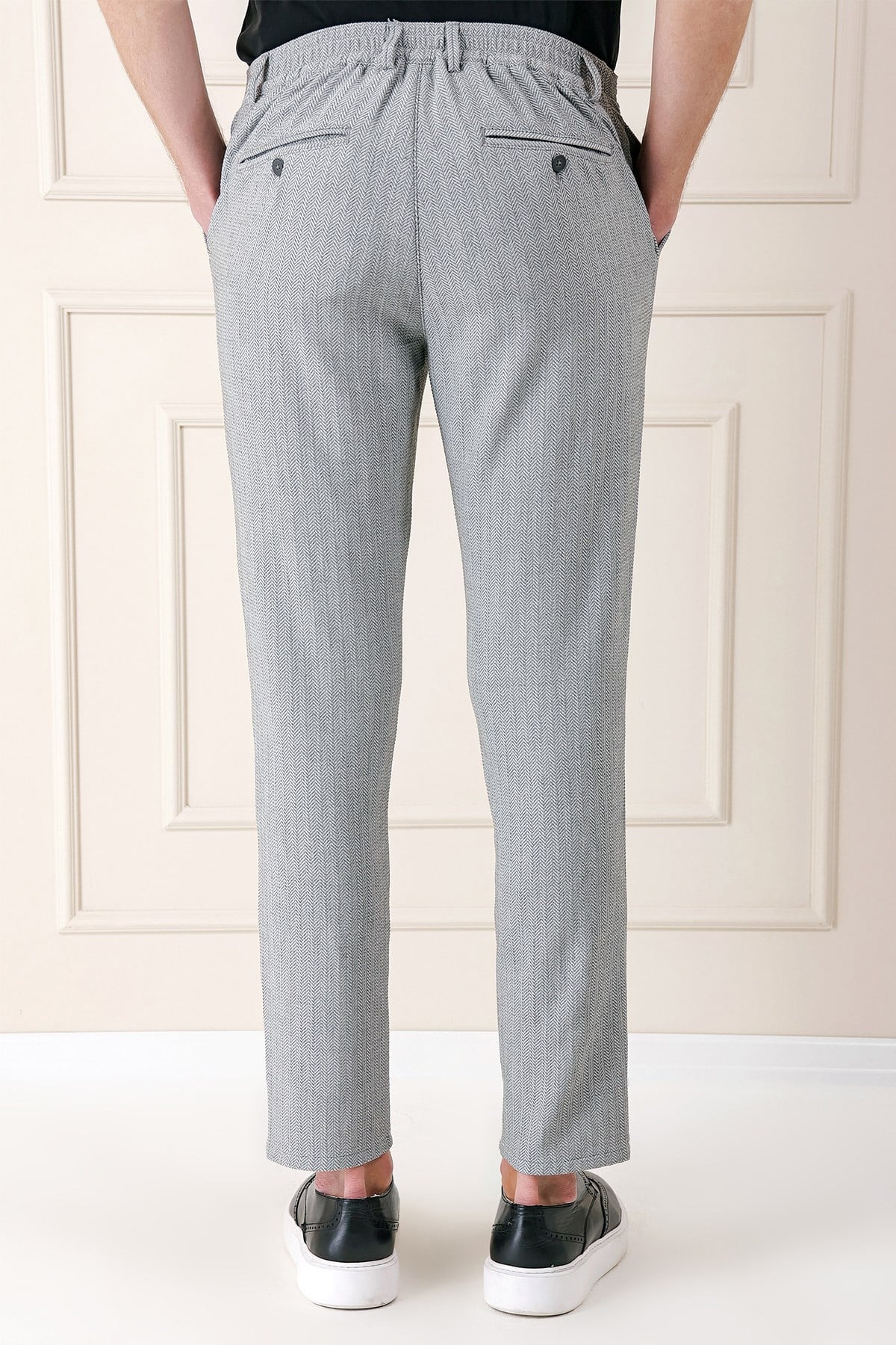 Comfort Fit Beli Lastikli Balıksırtı Dokuma Pamuklu Gri Pantolon P 1155