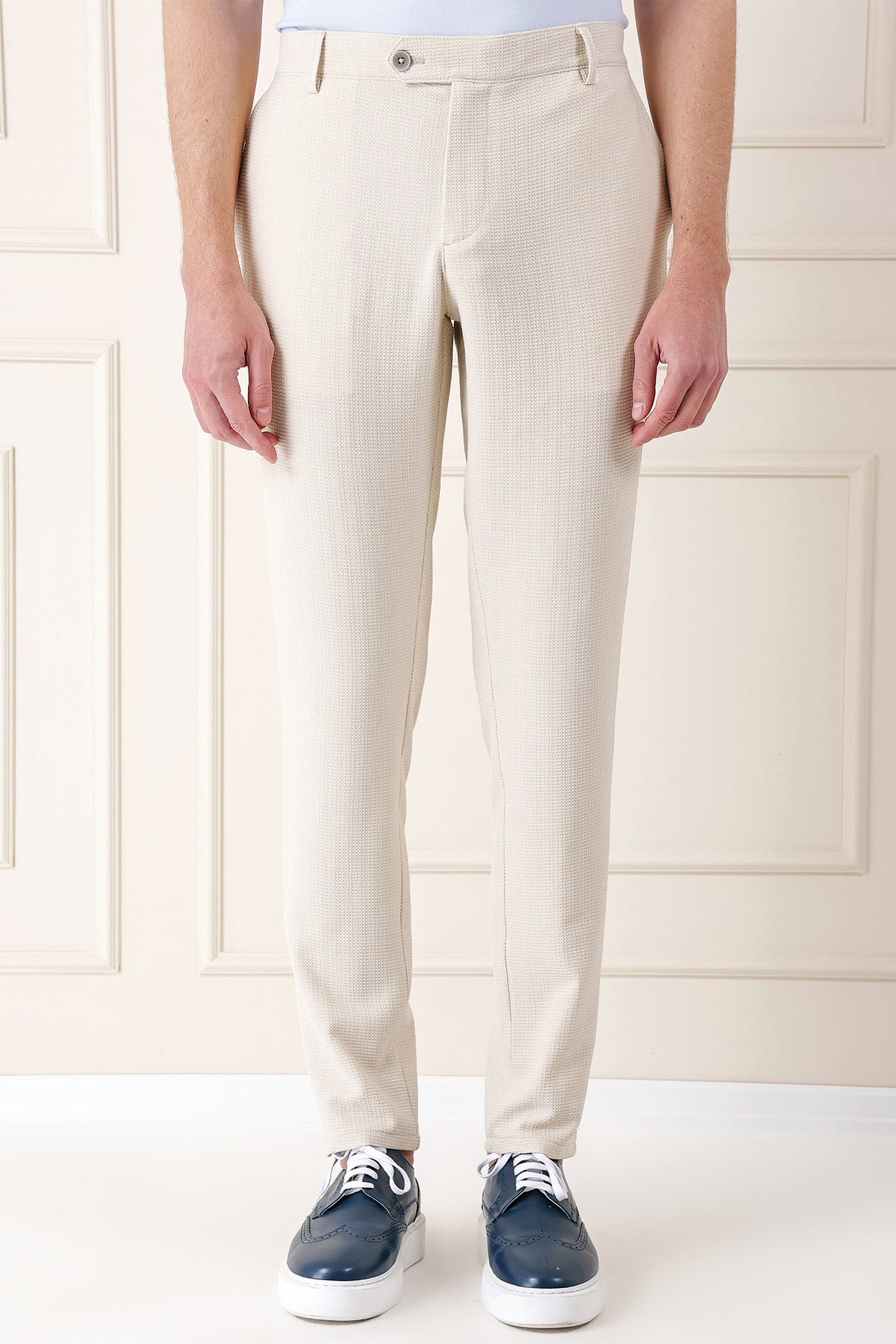 Comfort Fit Beli Lastikli Balıksırtı Dokuma Pamuklu Bej Pantolon P 1155