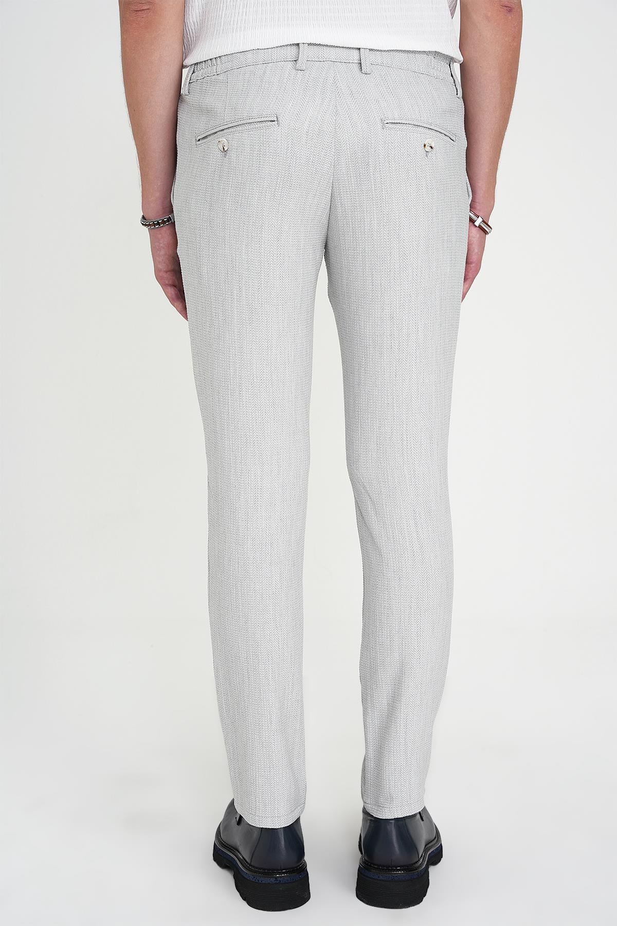 Comfort Fit Beli Lastikli Balıksırtı Desen Açık Gri Pantolon P 1175