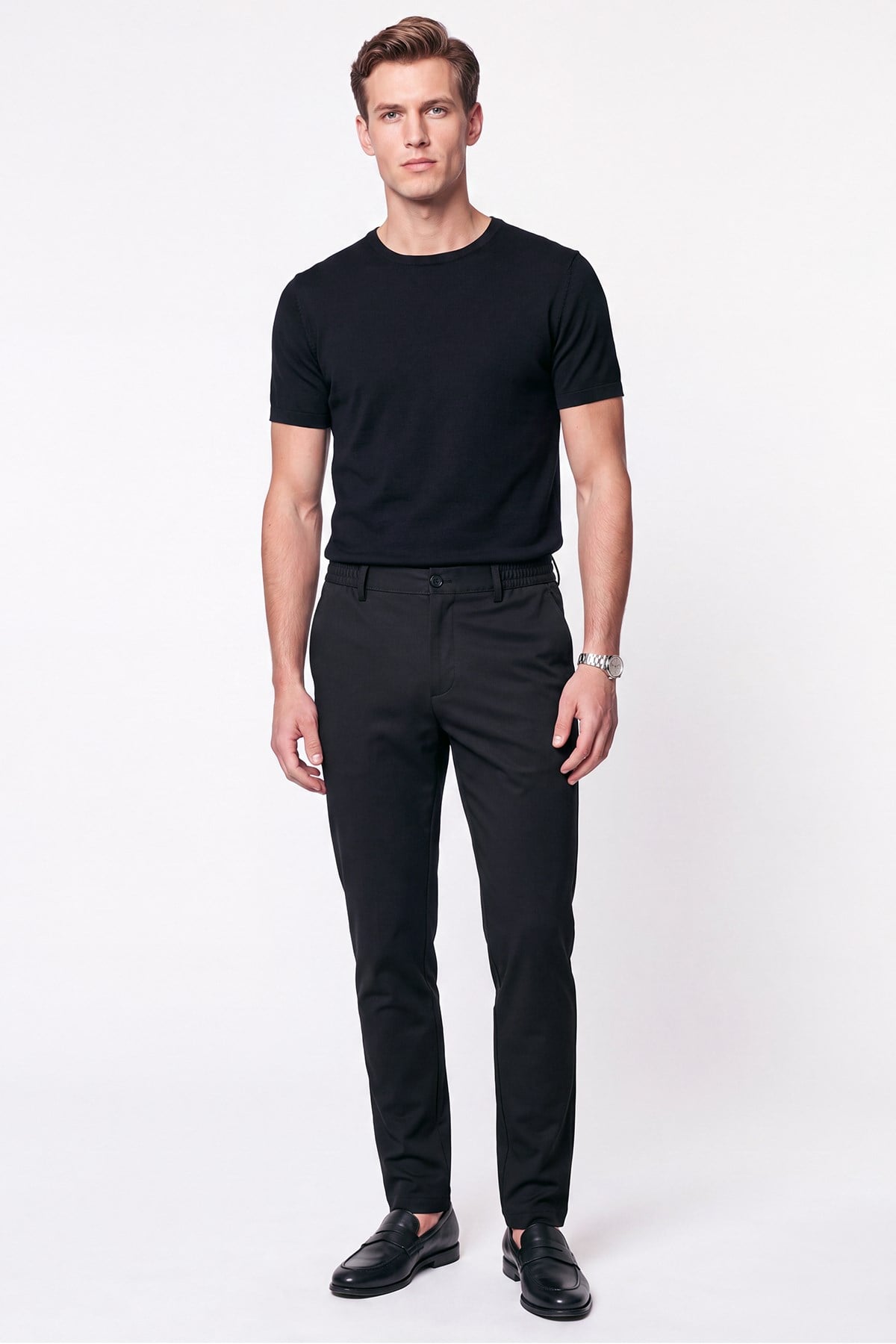 Comfort Fit Beli Lastikli Esnek Keten Siyah Pantolon P 1221