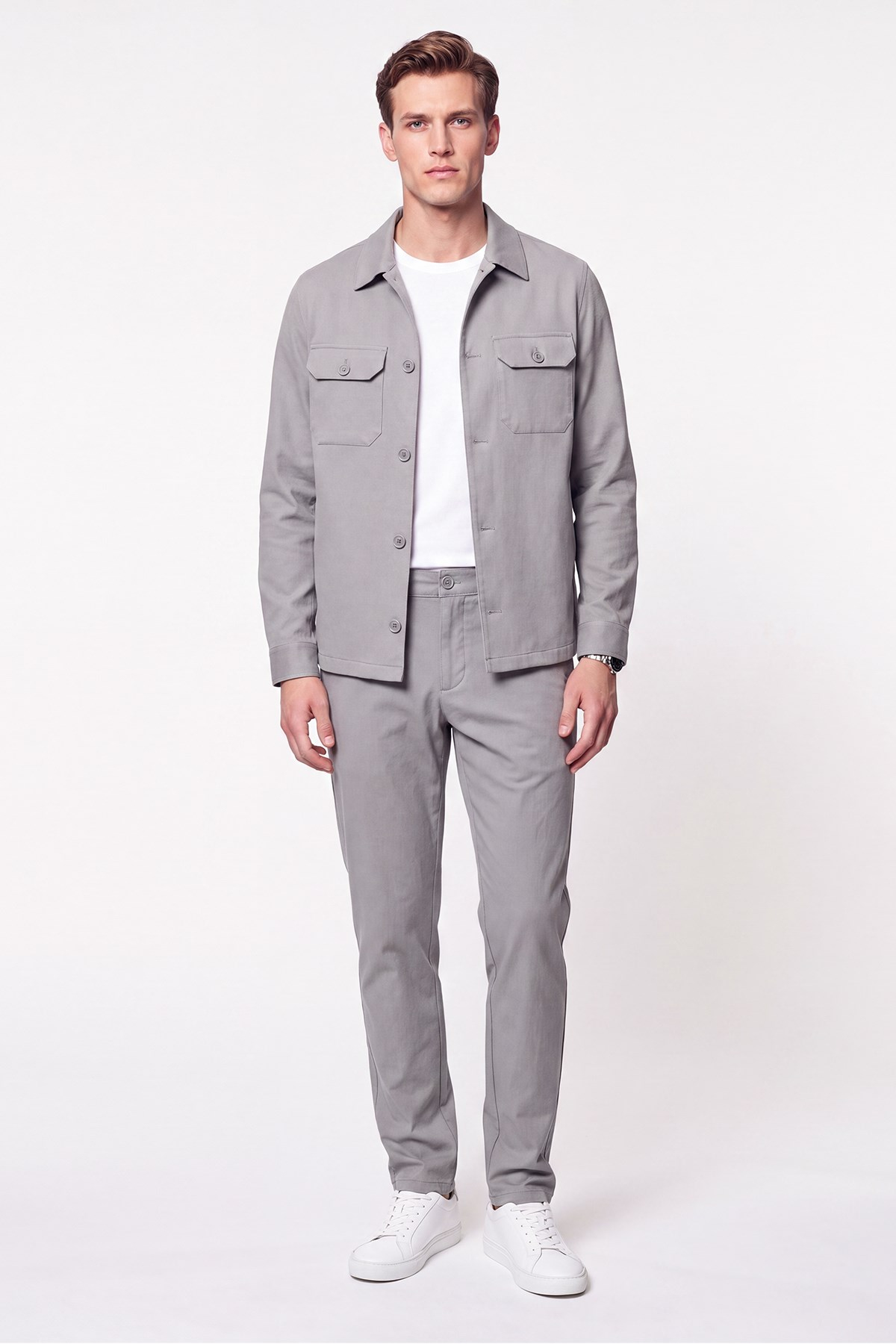 Comfort Fit Beli Lastikli Esnek Keten Gri Pantolon P 1221