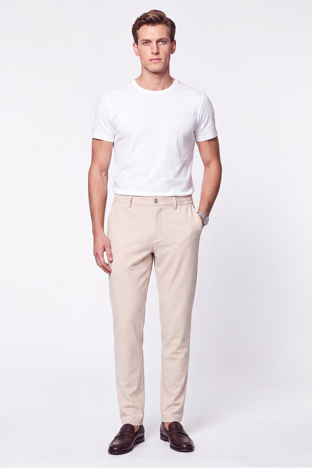 Comfort Fit Beli Lastikli Esnek Pamuk Bej Jogger Pantolon P 1222