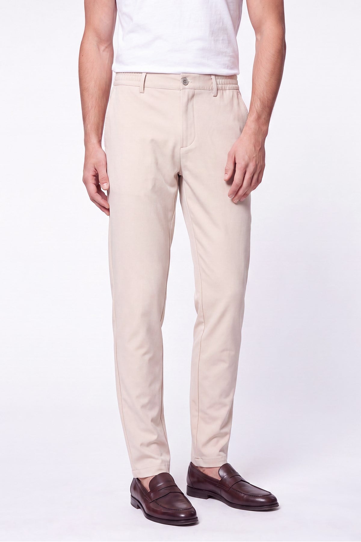 Comfort Fit Beli Lastikli Esnek Pamuk Bej Jogger Pantolon P 1222