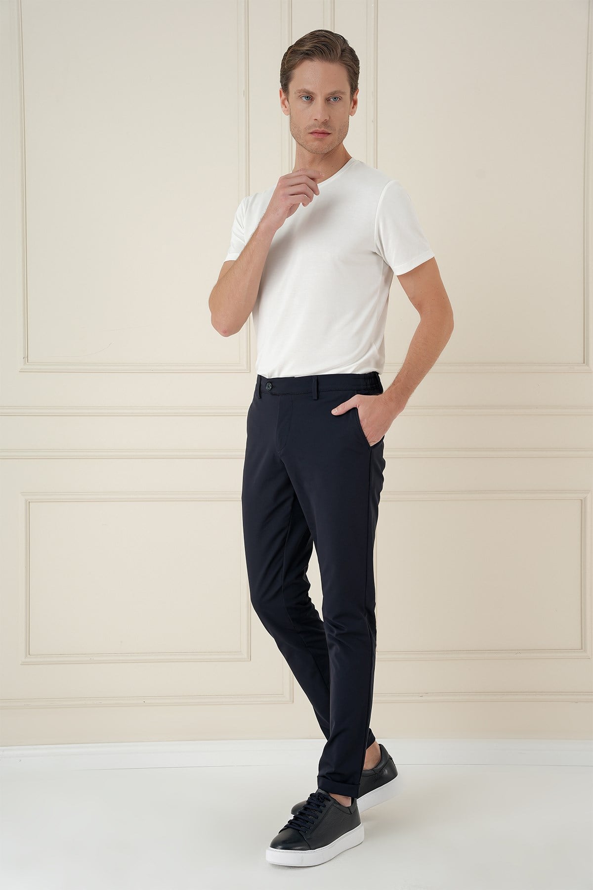 Comfort Fit Beli Lastikli Esnek Pamuk Lacivert Pantolon P 1173