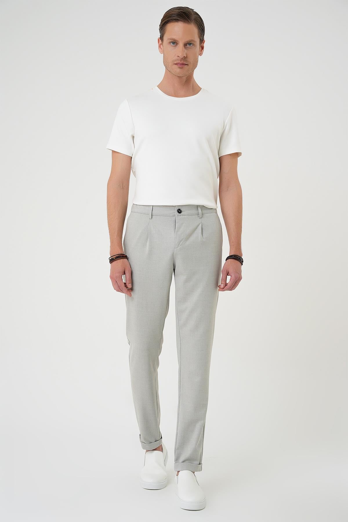 Comfort Fit Beli Lastikli Pileli Gri Jogger Pantolon  P 1182