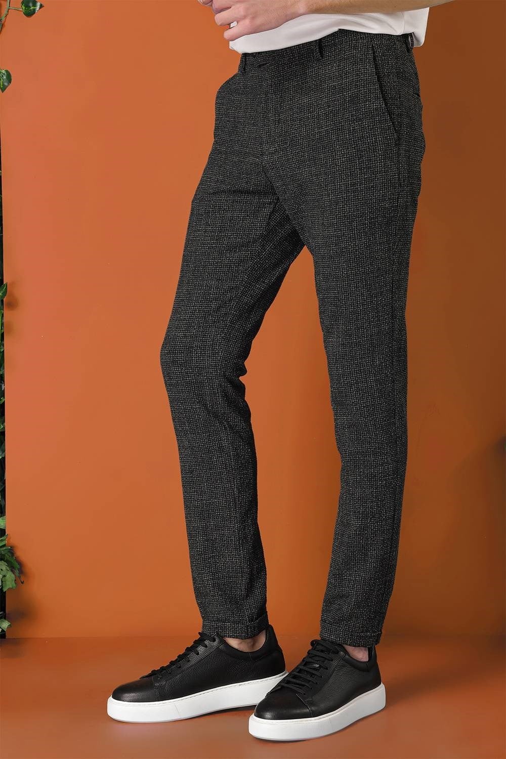 Comfort Fit Beli Lastikli Pötikareli Casual Siyah Pantolon P 1149