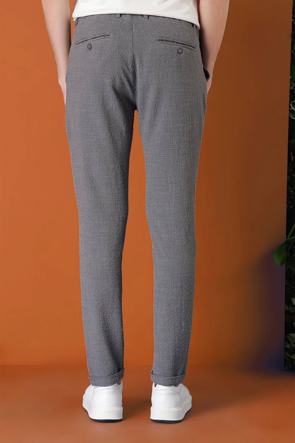 Comfort Fit Beli Lastikli Pötikareli Casual Füme Pantolon P 1149