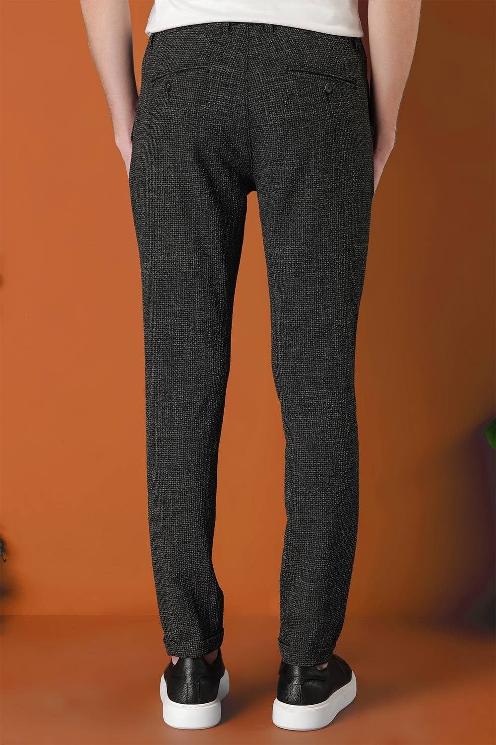 Comfort Fit Beli Lastikli Pötikareli Casual Siyah Pantolon P 1149
