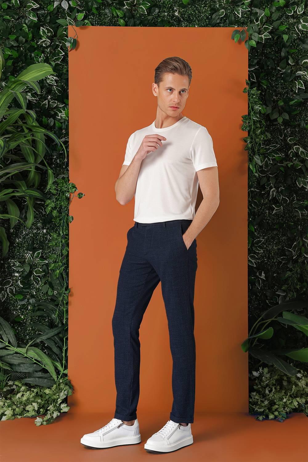 Comfort Fit Beli Lastikli Pötikareli Casual Lacivert Pantolon P 1149