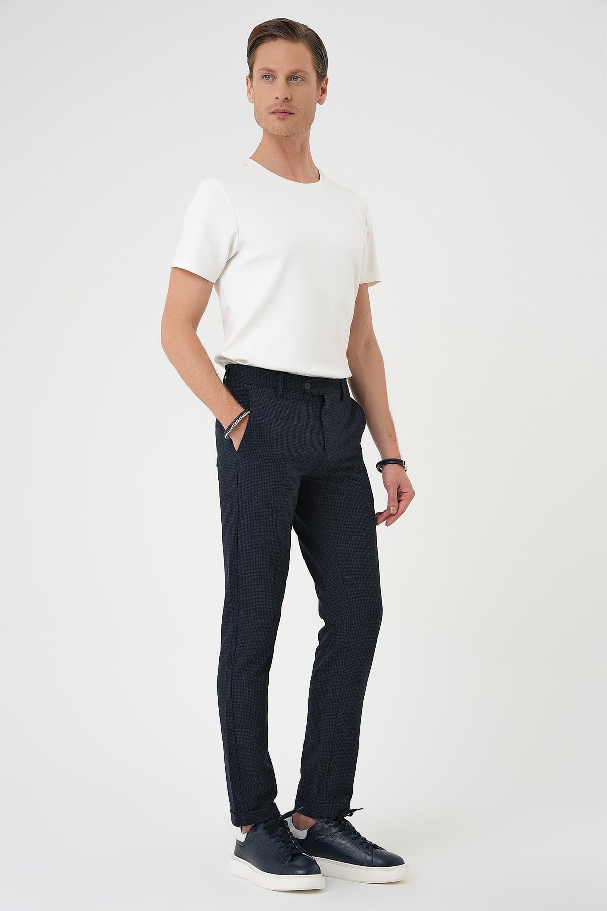 Comfort Fit Beli Lastikli Pötikareli Casual Lacivert 2 Pantolon P 1149