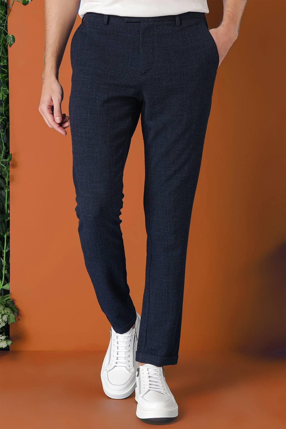 Comfort Fit Beli Lastikli Pötikareli Casual Lacivert Pantolon P 1149