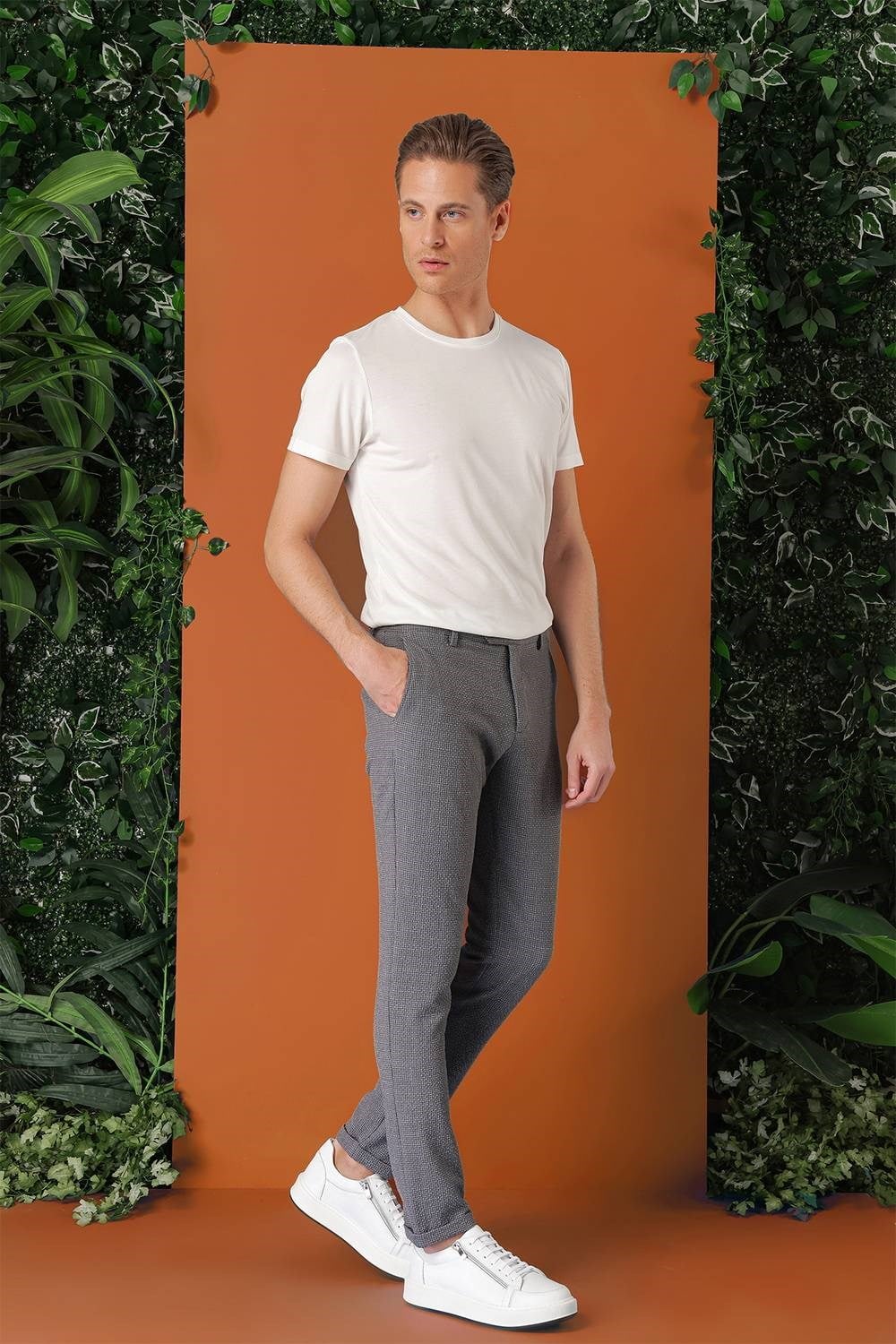 Comfort Fit Beli Lastikli Pötikareli Casual Füme Pantolon P 1149