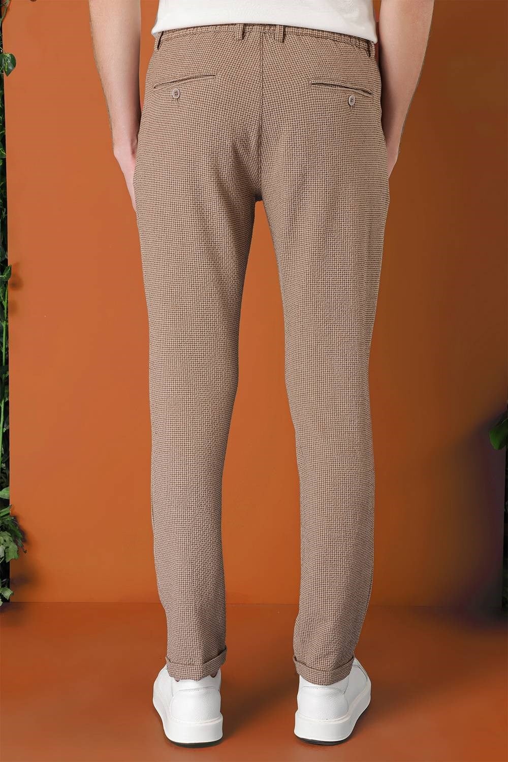 Comfort Fit Beli Lastikli Pötikareli Casual Bej Pantolon P 1149