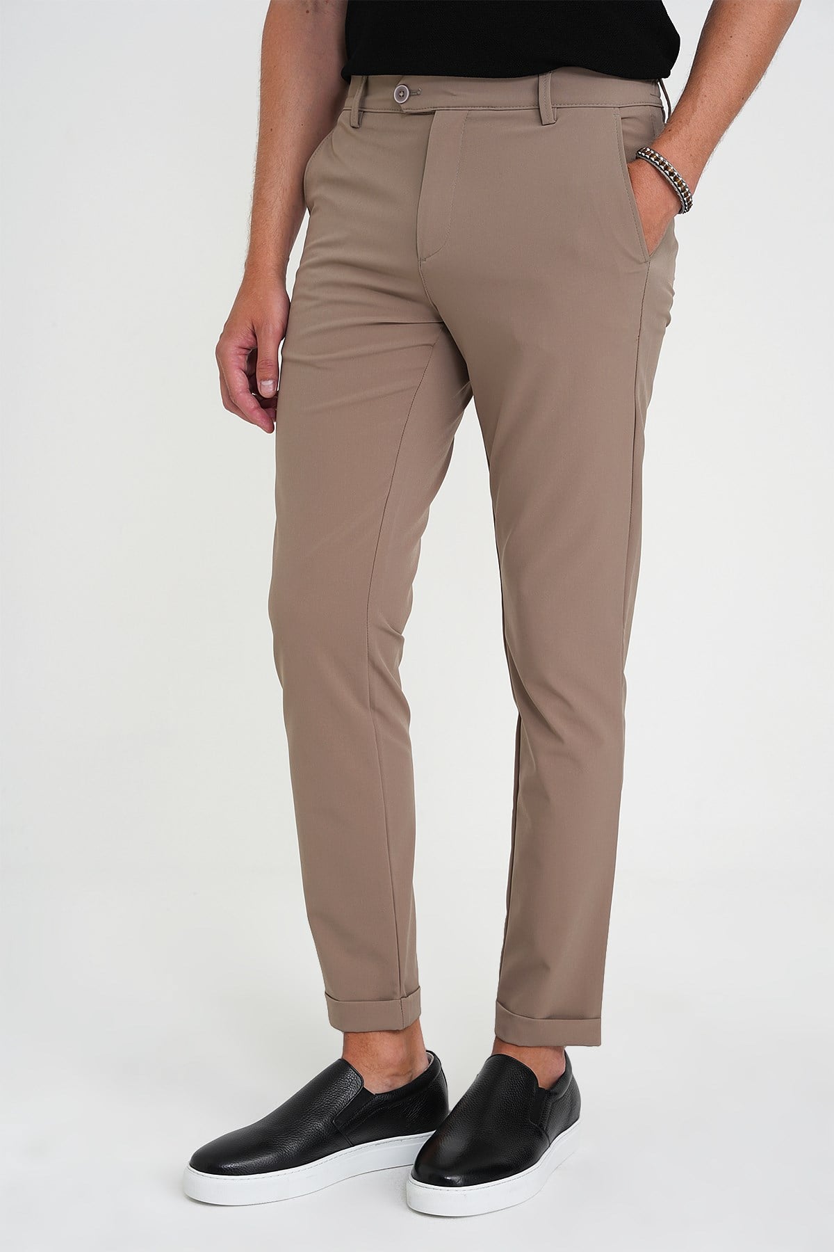 Comfort Fit Beli Lastikli Yan Cep Bej Jogger Pantolon P 1150