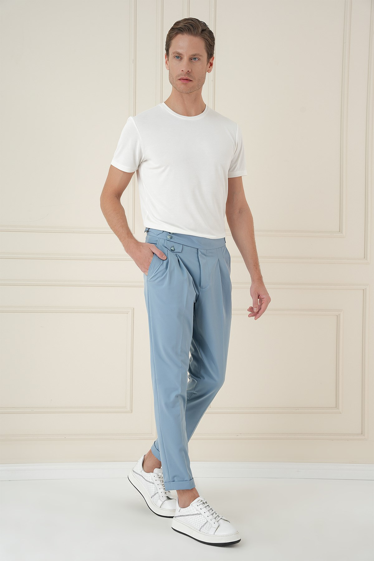 Comfort Fit Beli Tokalı Çift Pileli Havacı Mavi Jogger Pantolon P 1172