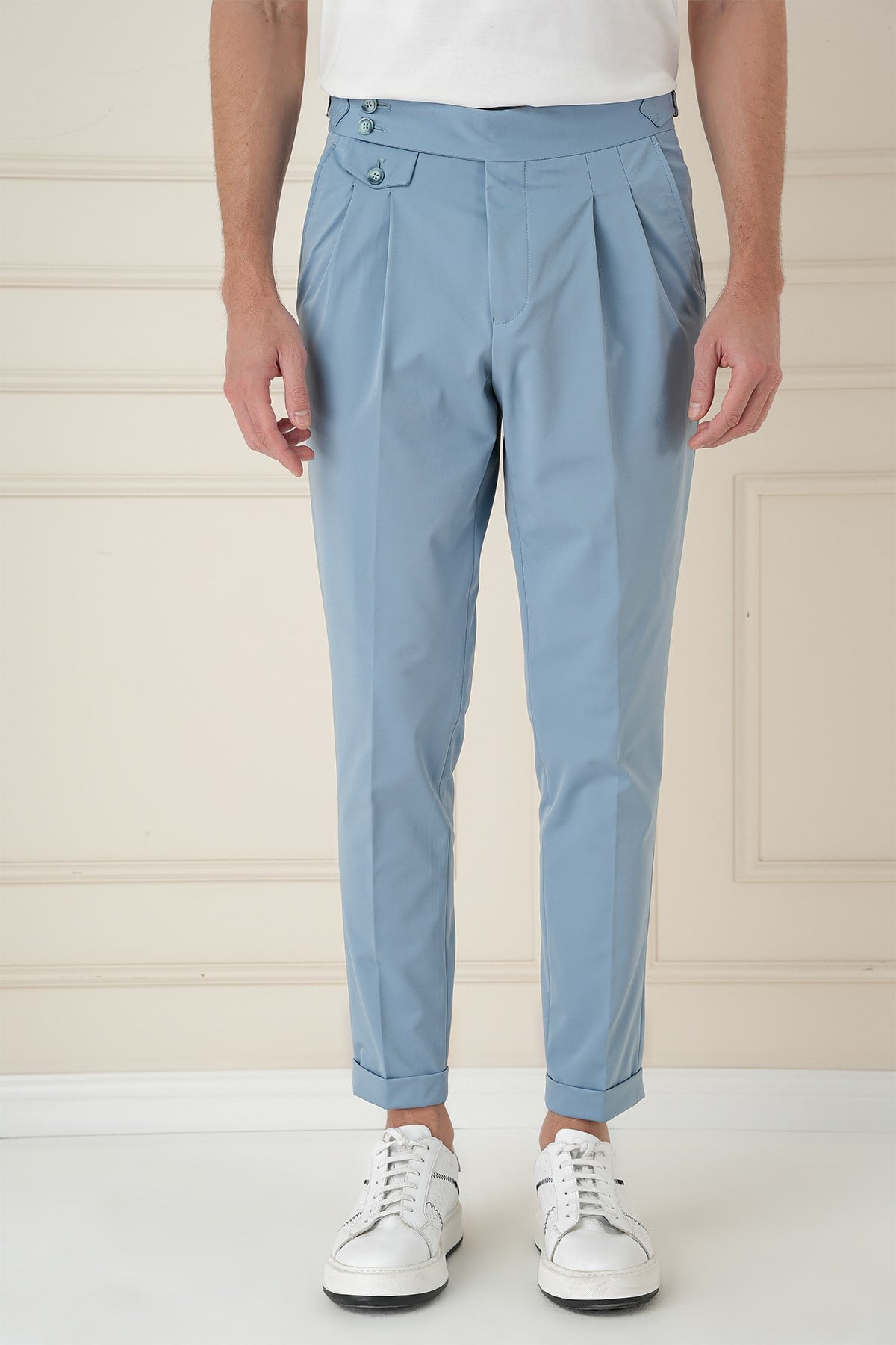 Comfort Fit Beli Tokalı Çift Pileli Havacı Mavi Jogger Pantolon P 1172
