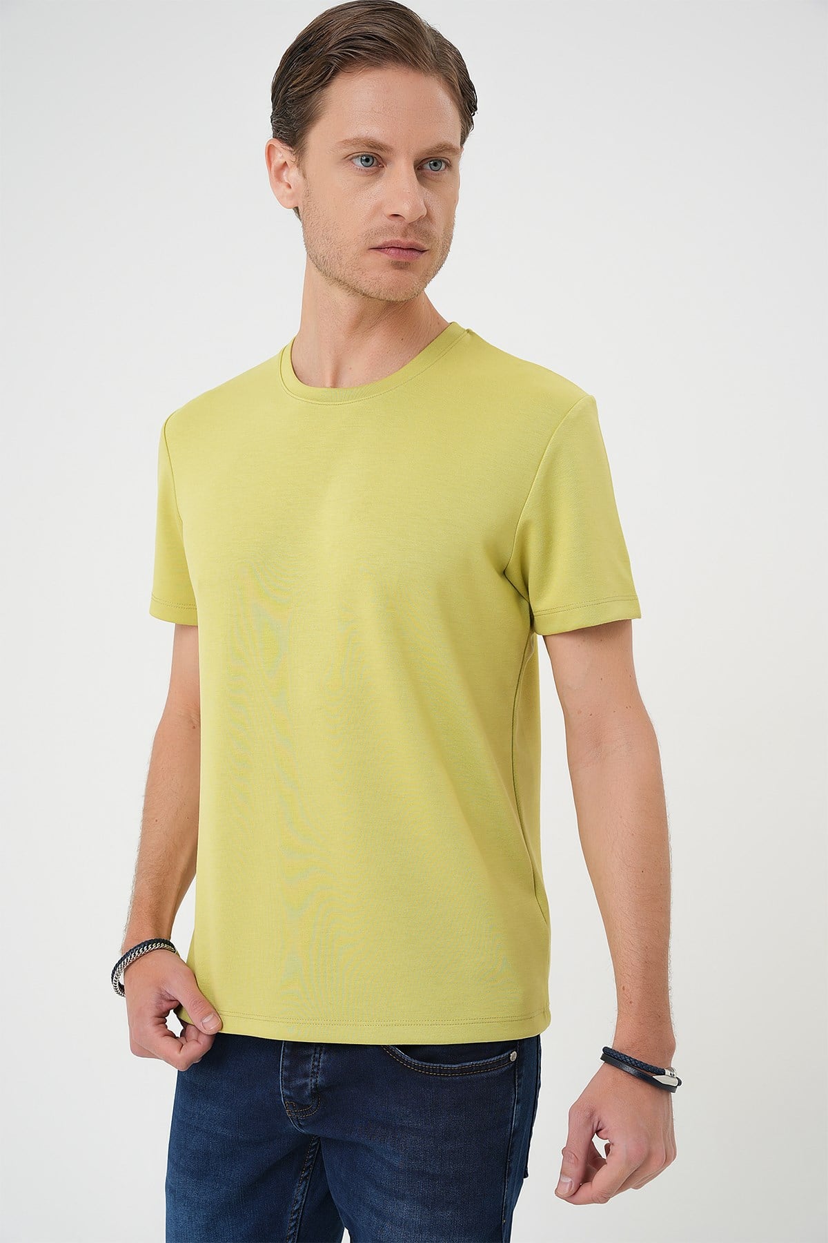 Comfort Fit Bisiklet Yaka %97 Esnek Pamuklu Limon Tişört TS 885