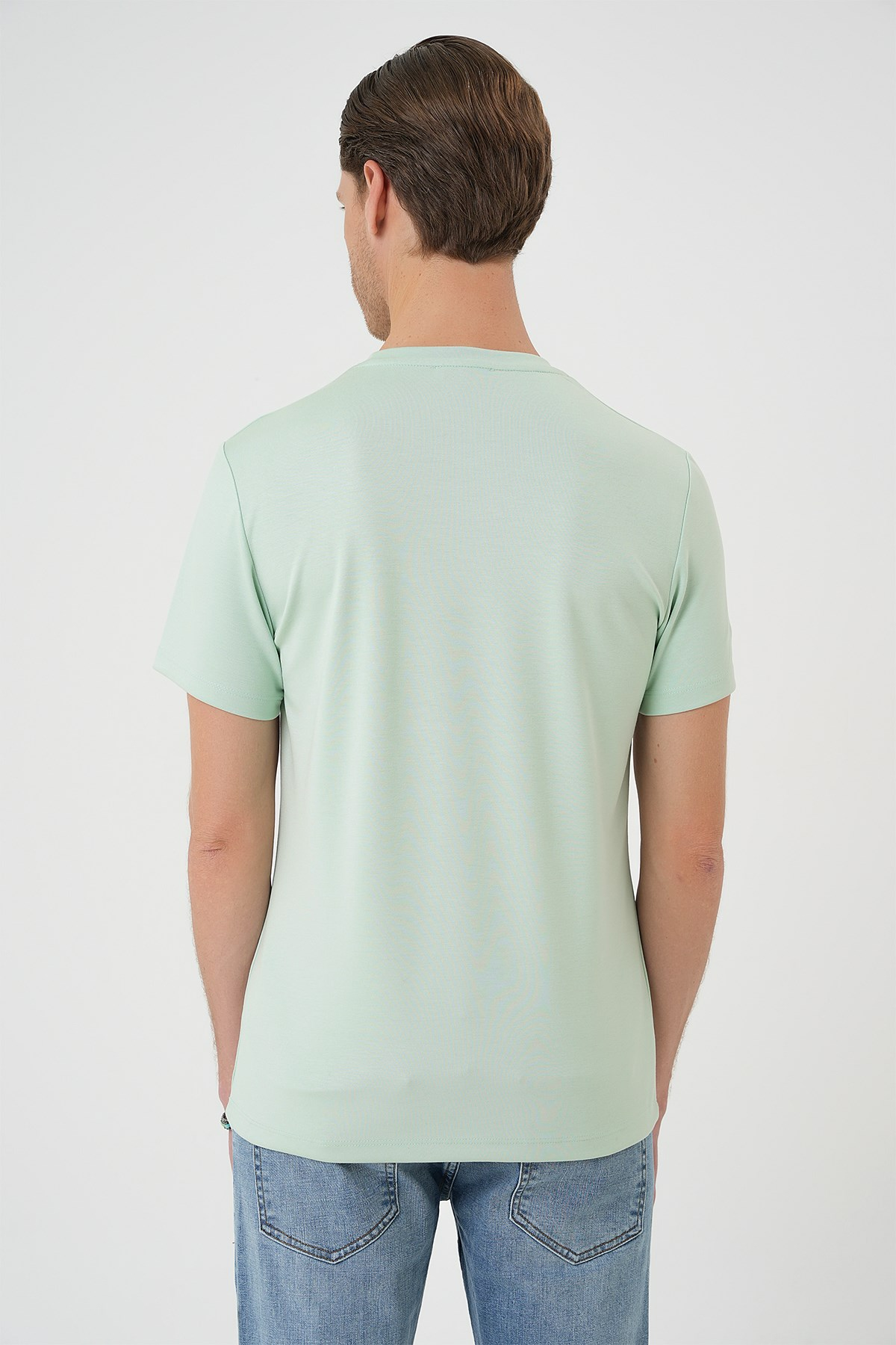 Comfort Fit Bisiklet Yaka %97 Esnek Pamuklu Mint Yeşili Tişört TS 885