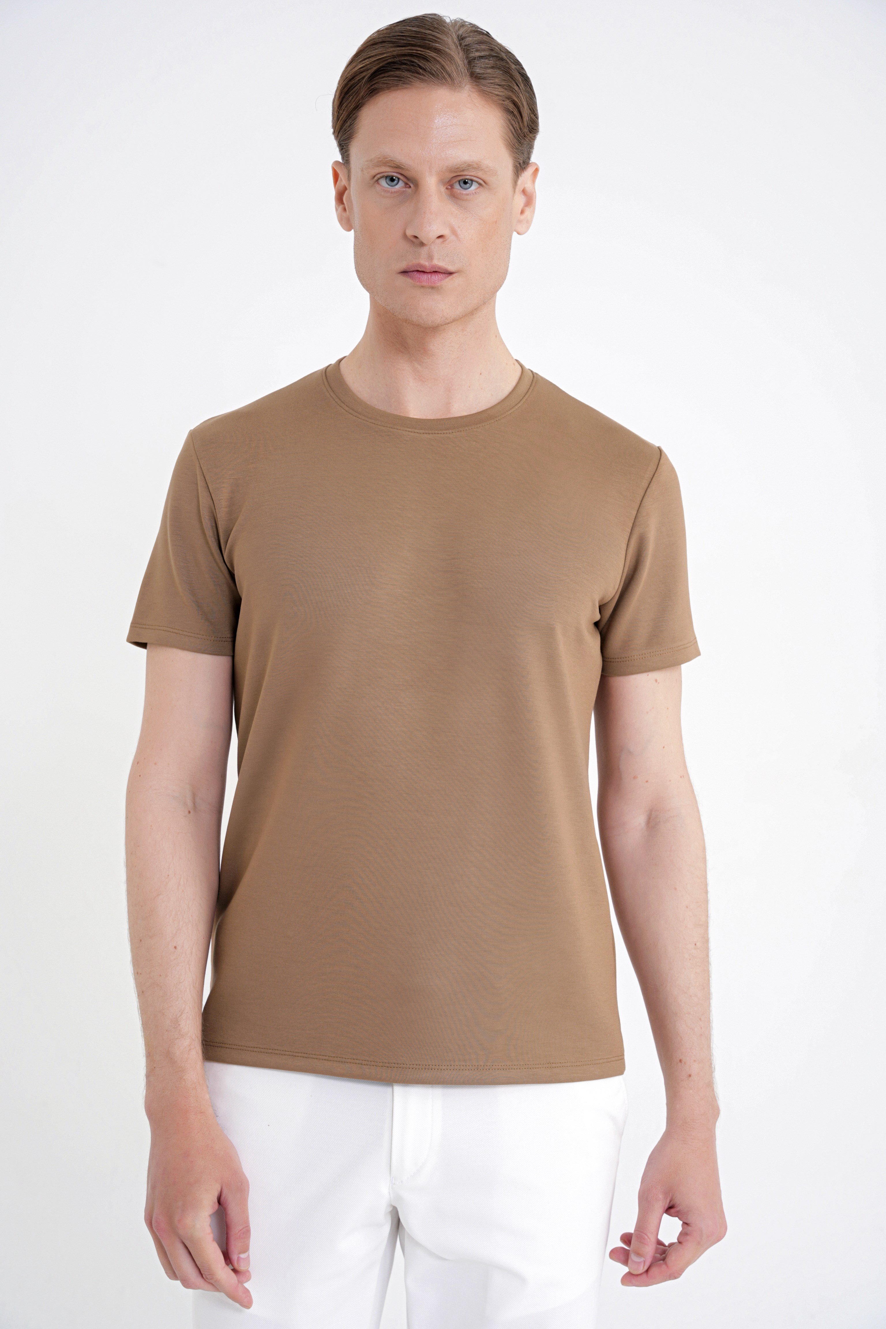 Comfort Fit Bisiklet Yaka %97 Esnek Pamuklu Vizon Tişört TS 885