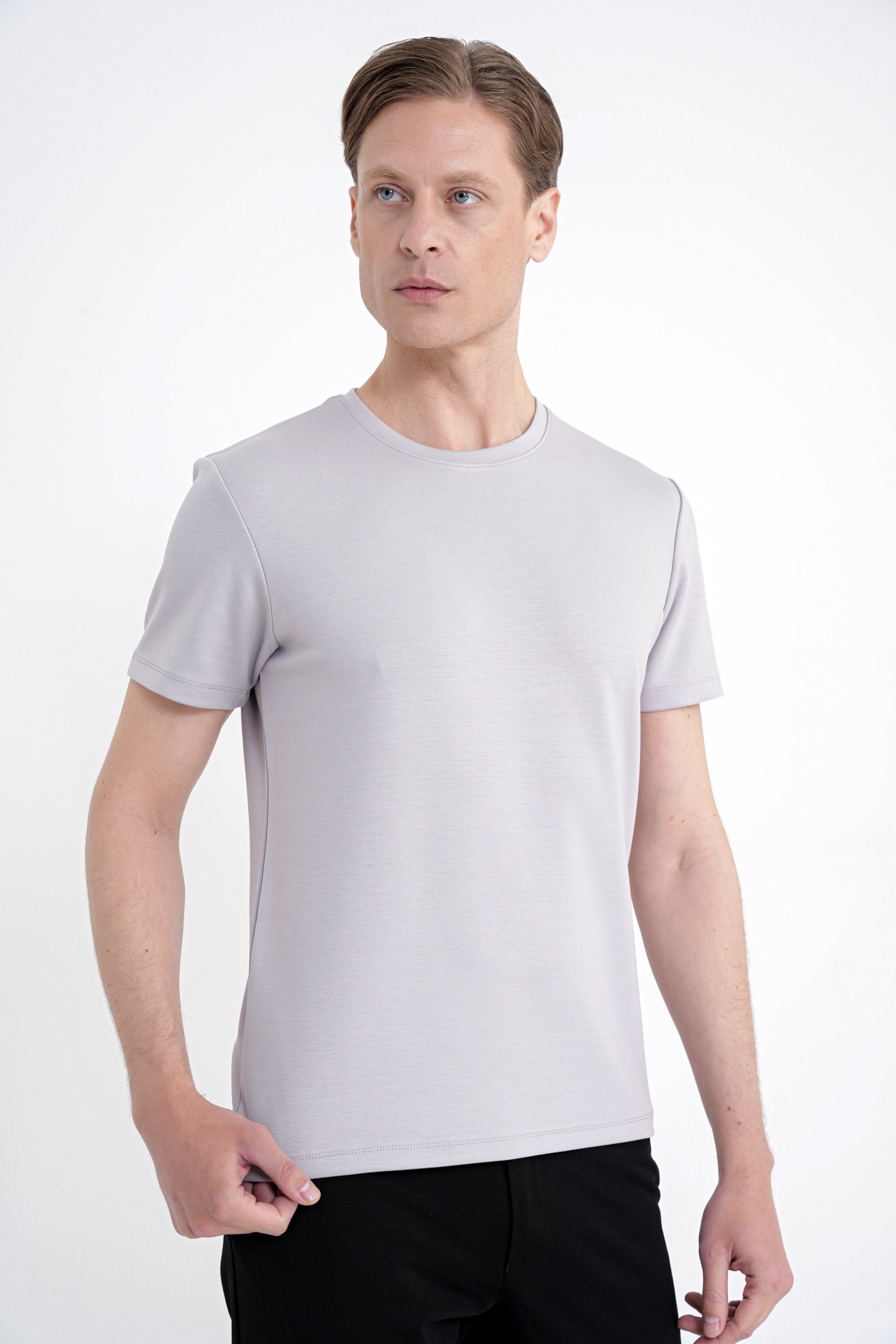 Comfort Fit Bisiklet Yaka %97 Esnek Pamuklu Gri Tişört TS 885