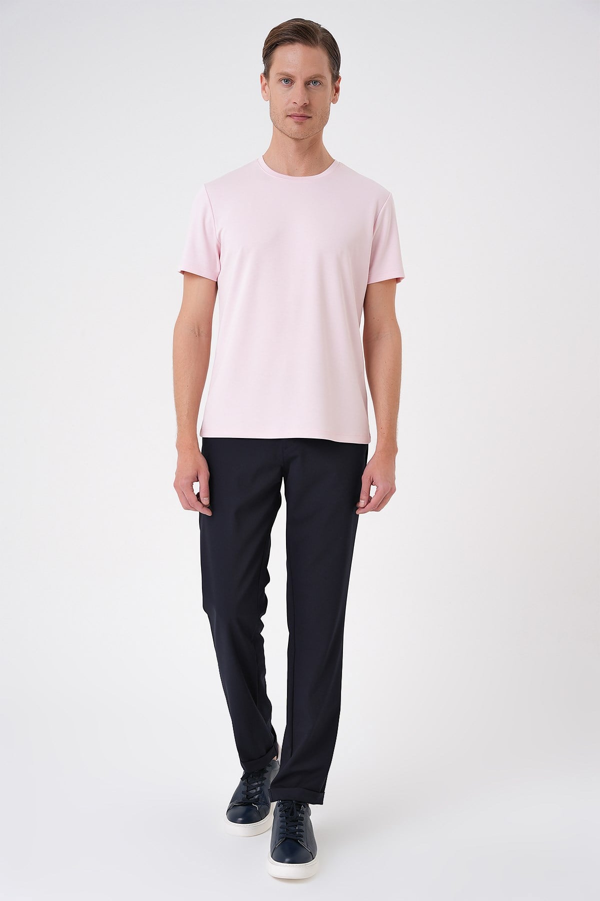 Comfort Fit Bisiklet Yaka %97 Esnek Pamuklu Pembe Tişört TS 885