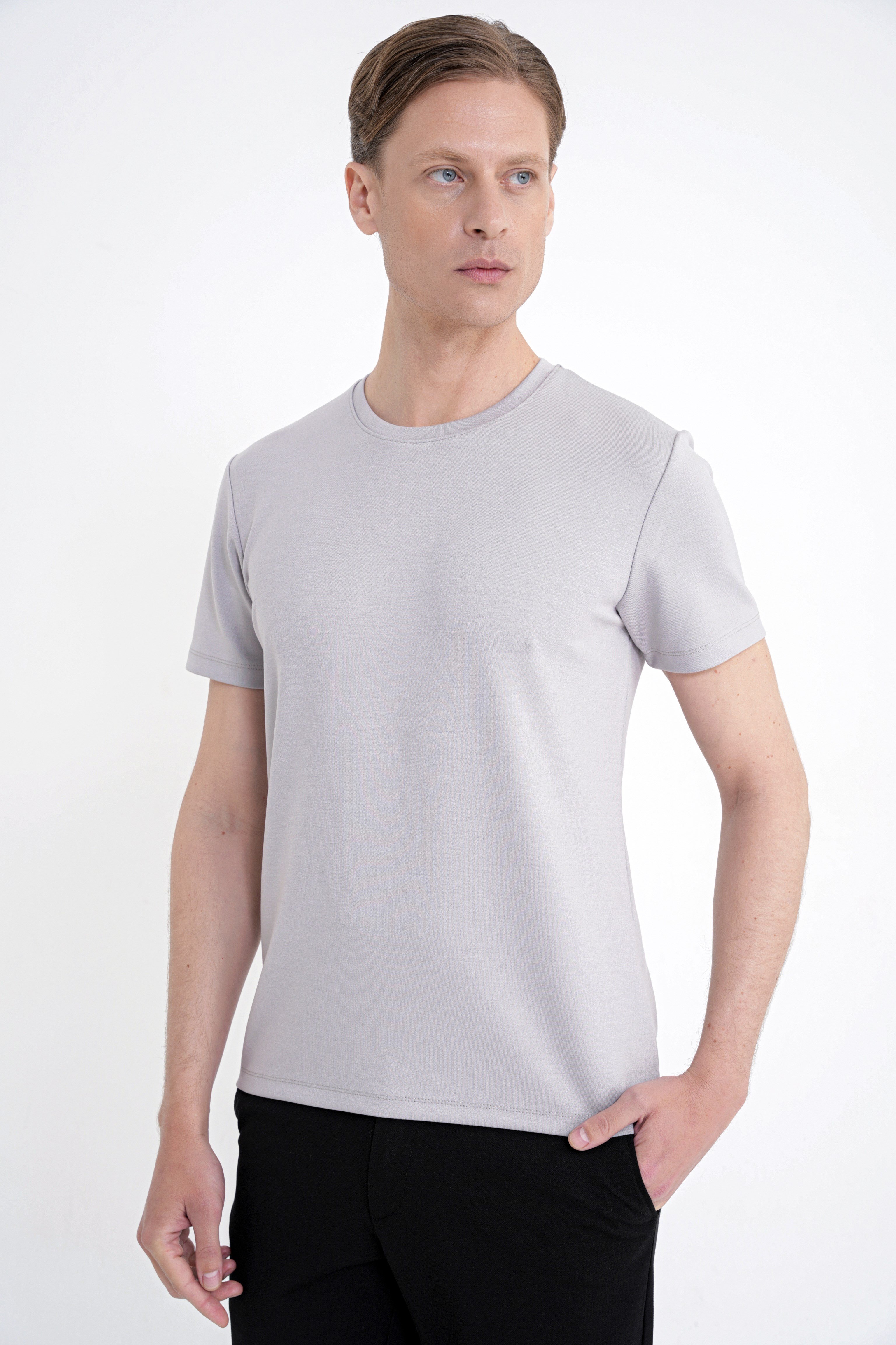 Comfort Fit Bisiklet Yaka %97 Esnek Pamuklu Gri Tişört TS 885