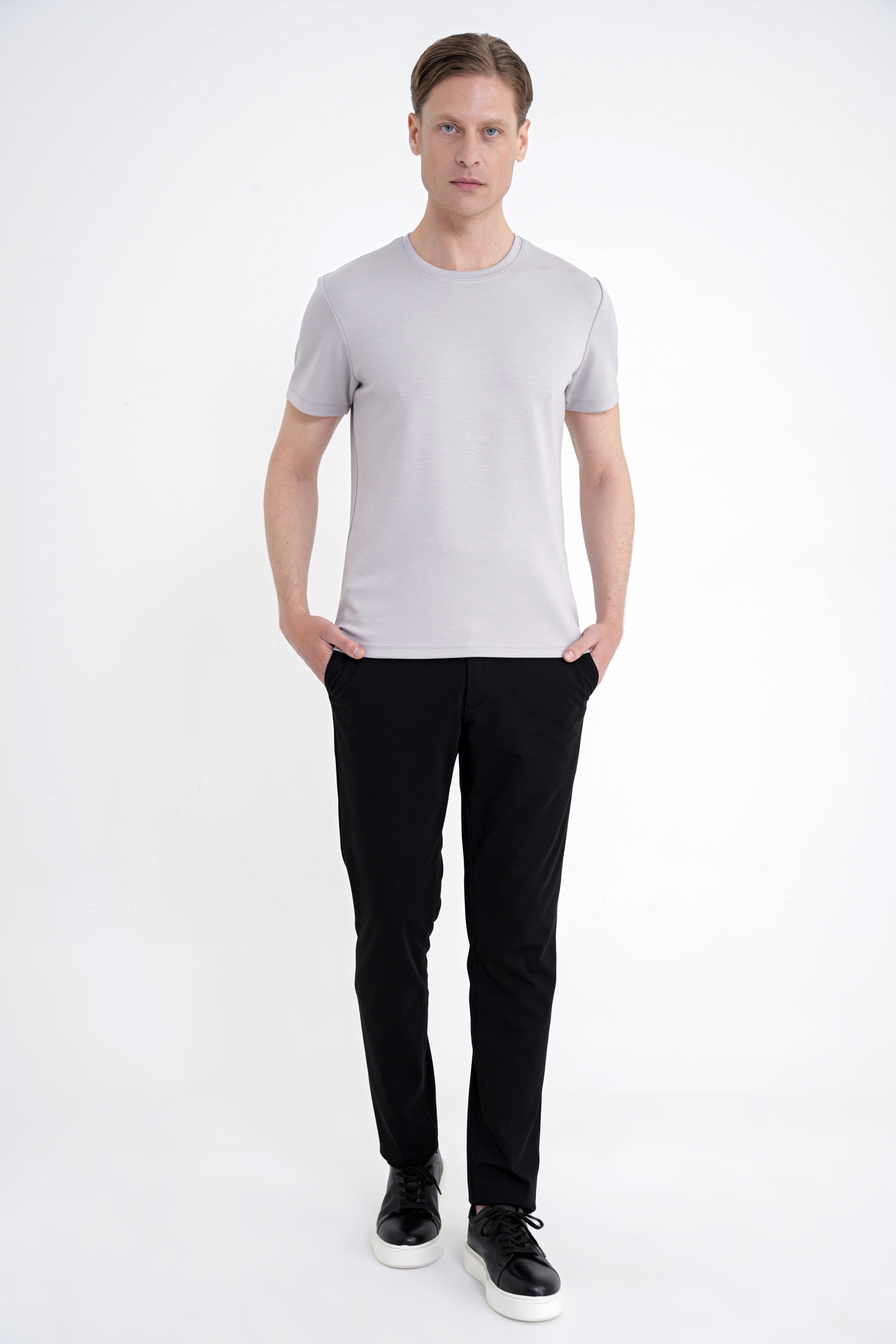 Comfort Fit Bisiklet Yaka %97 Esnek Pamuklu Gri Tişört TS 885