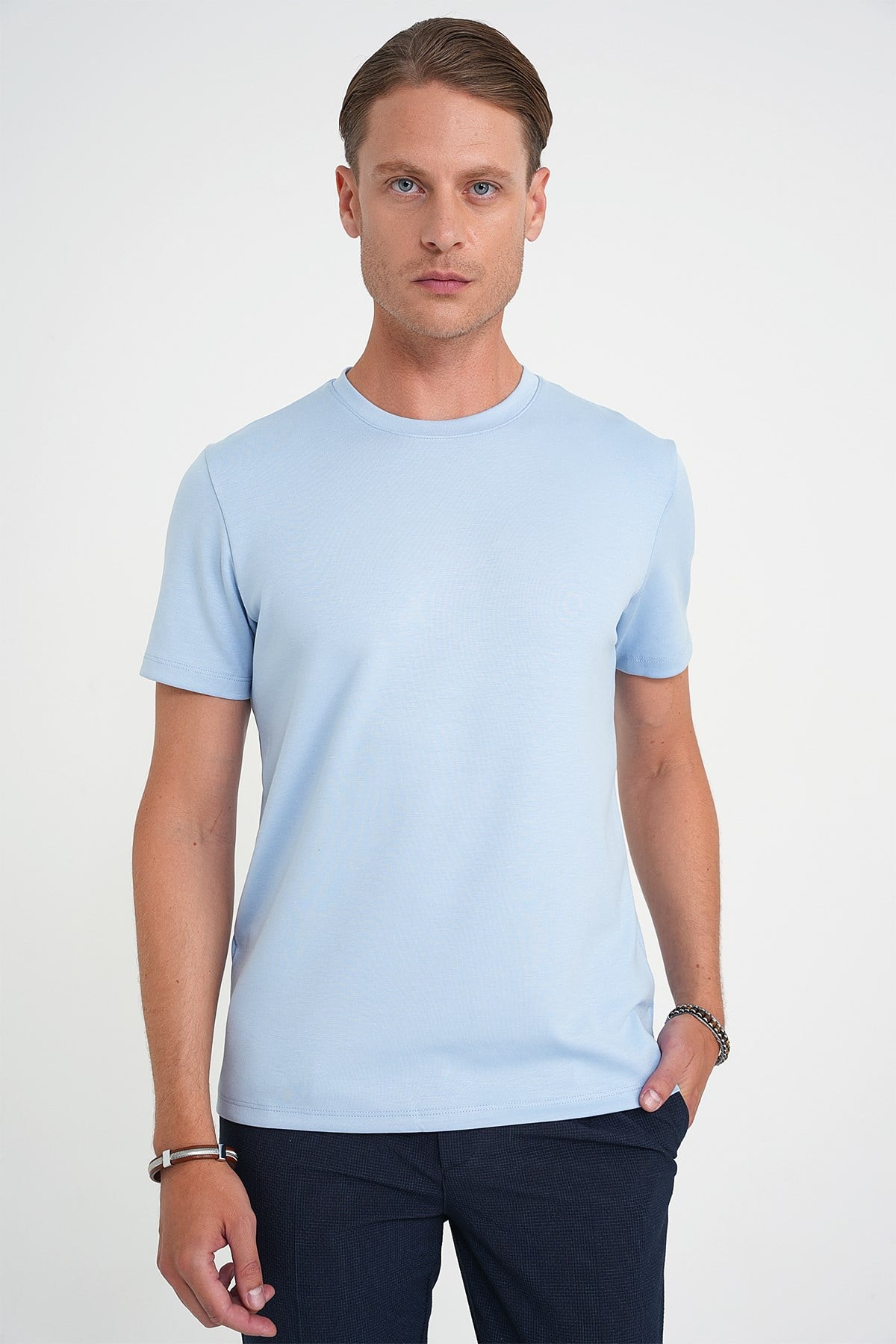 Comfort Fit Bisiklet Yaka %97 Esnek Pamuklu Mavi Tişört TS 885