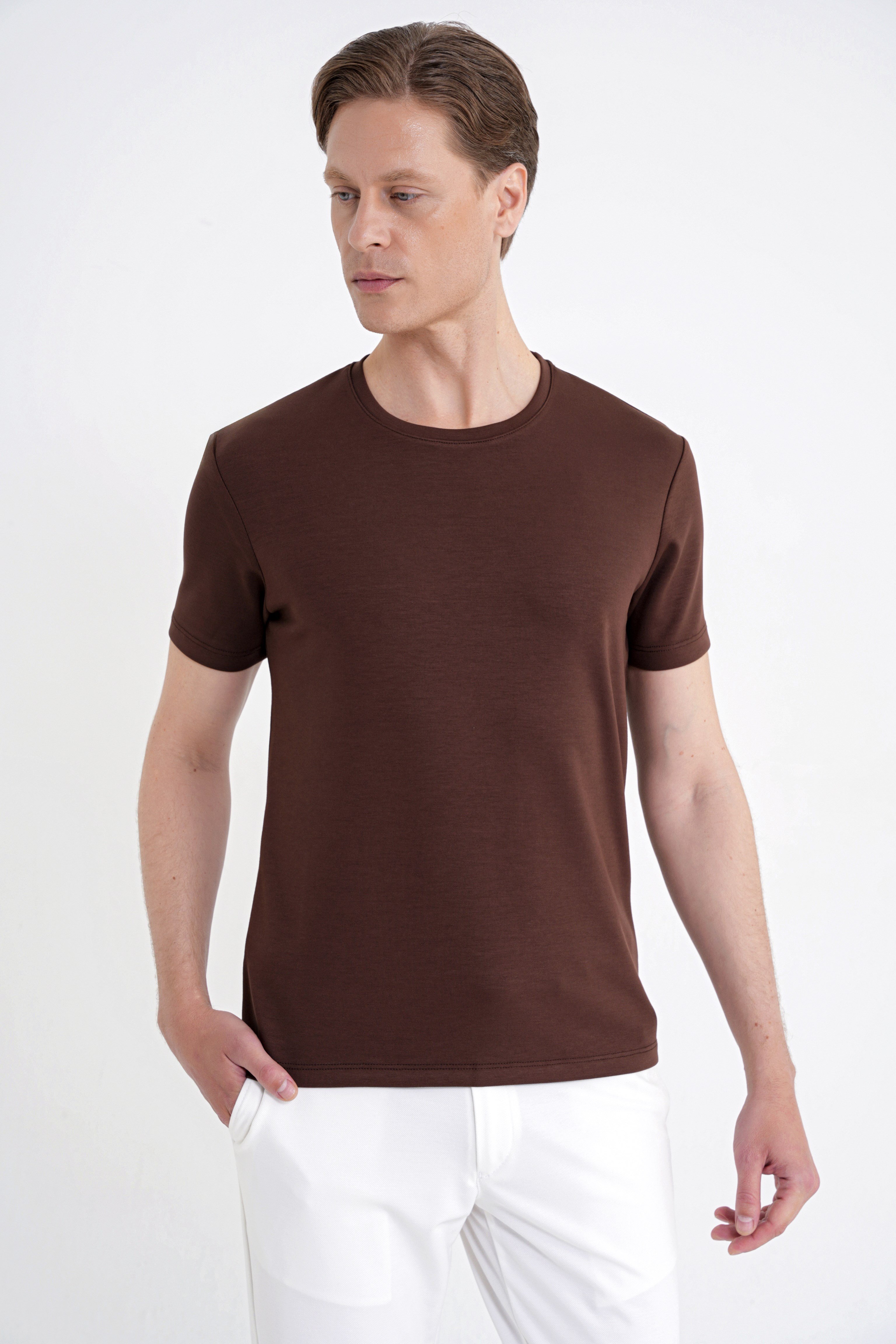 Comfort Fit Bisiklet Yaka %97 Esnek Pamuklu Kakao Tişört TS 885