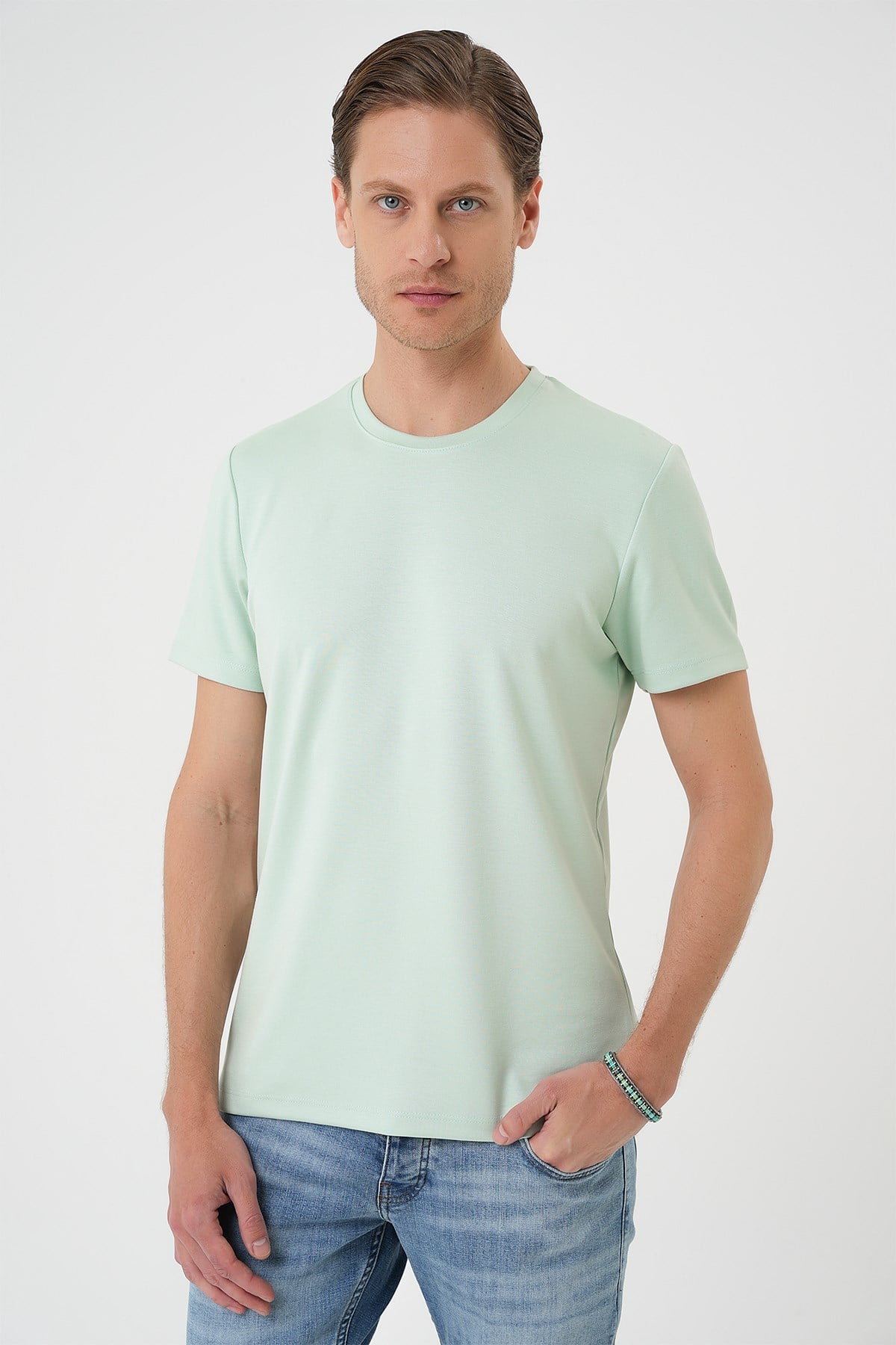 Comfort Fit Bisiklet Yaka %97 Esnek Pamuklu Mint Yeşili Tişört TS 885